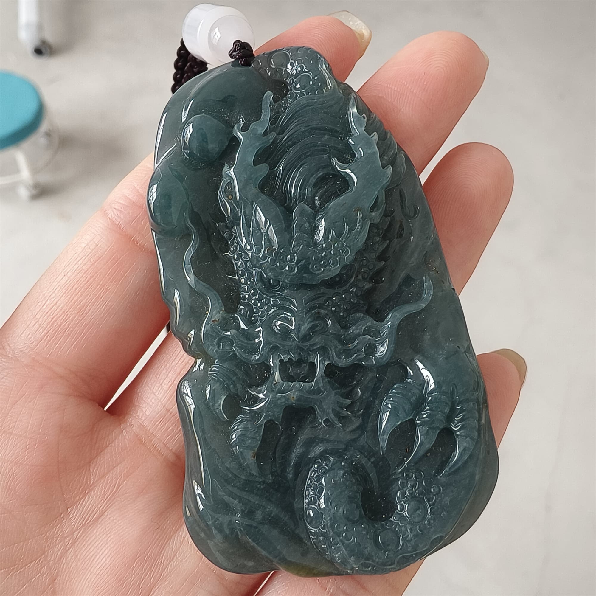 DDP 66mm Natural Type A Untreated Icy Waxy Blue Watery Guatemalan Jadeite Dragon Pendant