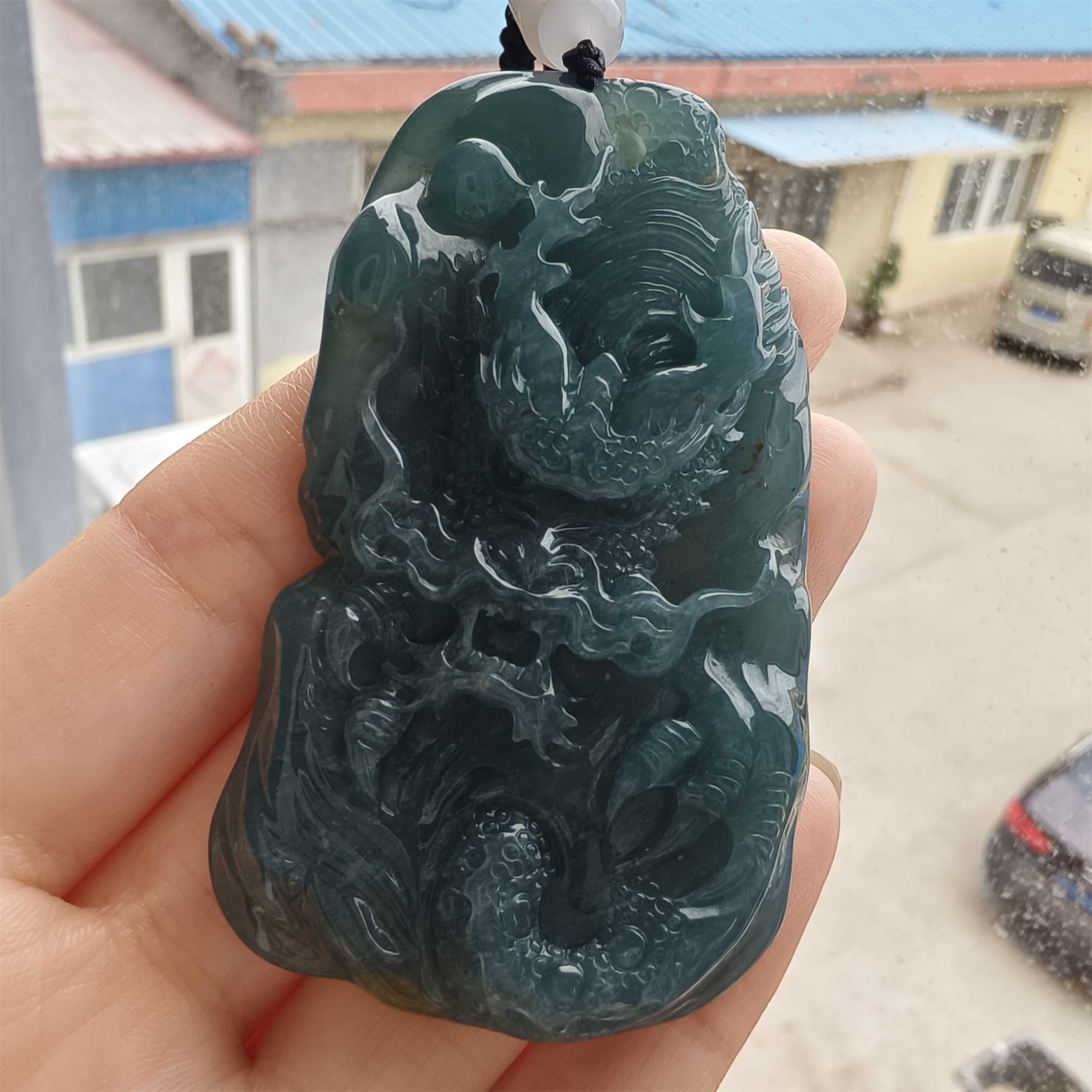 DDP 66mm Natural Type A Untreated Icy Waxy Blue Watery Guatemalan Jadeite Dragon Pendant