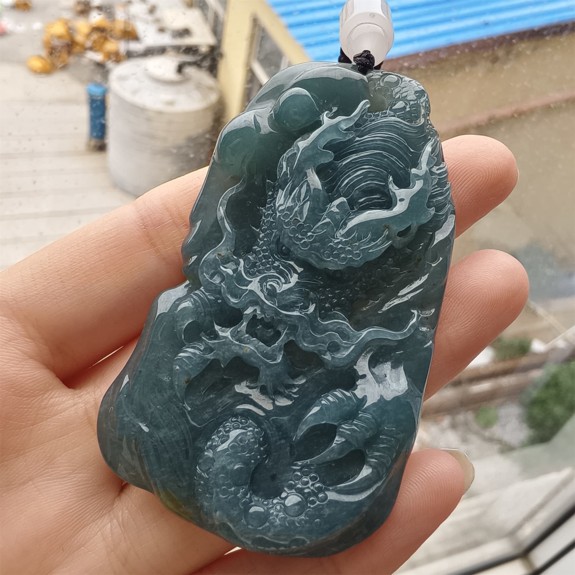DDP 66mm Natural Type A Untreated Icy Waxy Blue Watery Guatemalan Jadeite Dragon Pendant
