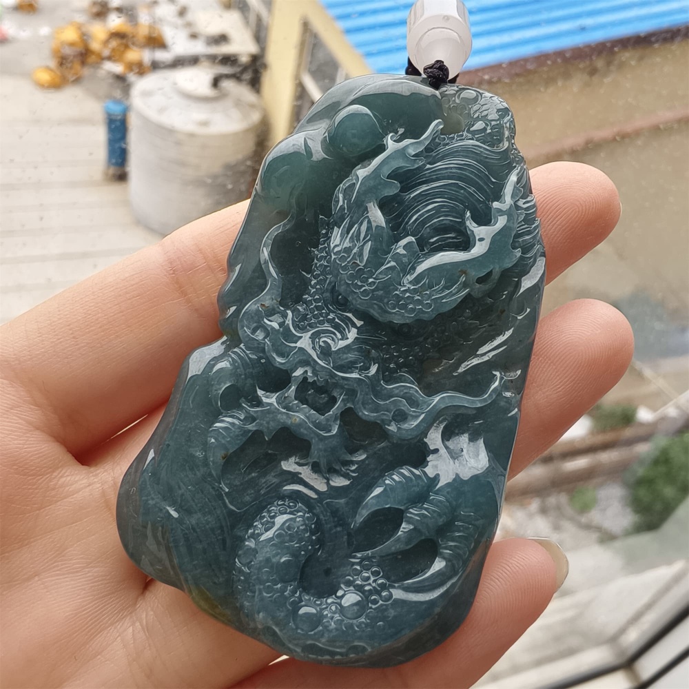DDP 66mm Natural Type A Untreated Icy Waxy Blue Watery Guatemalan Jadeite Dragon Pendant