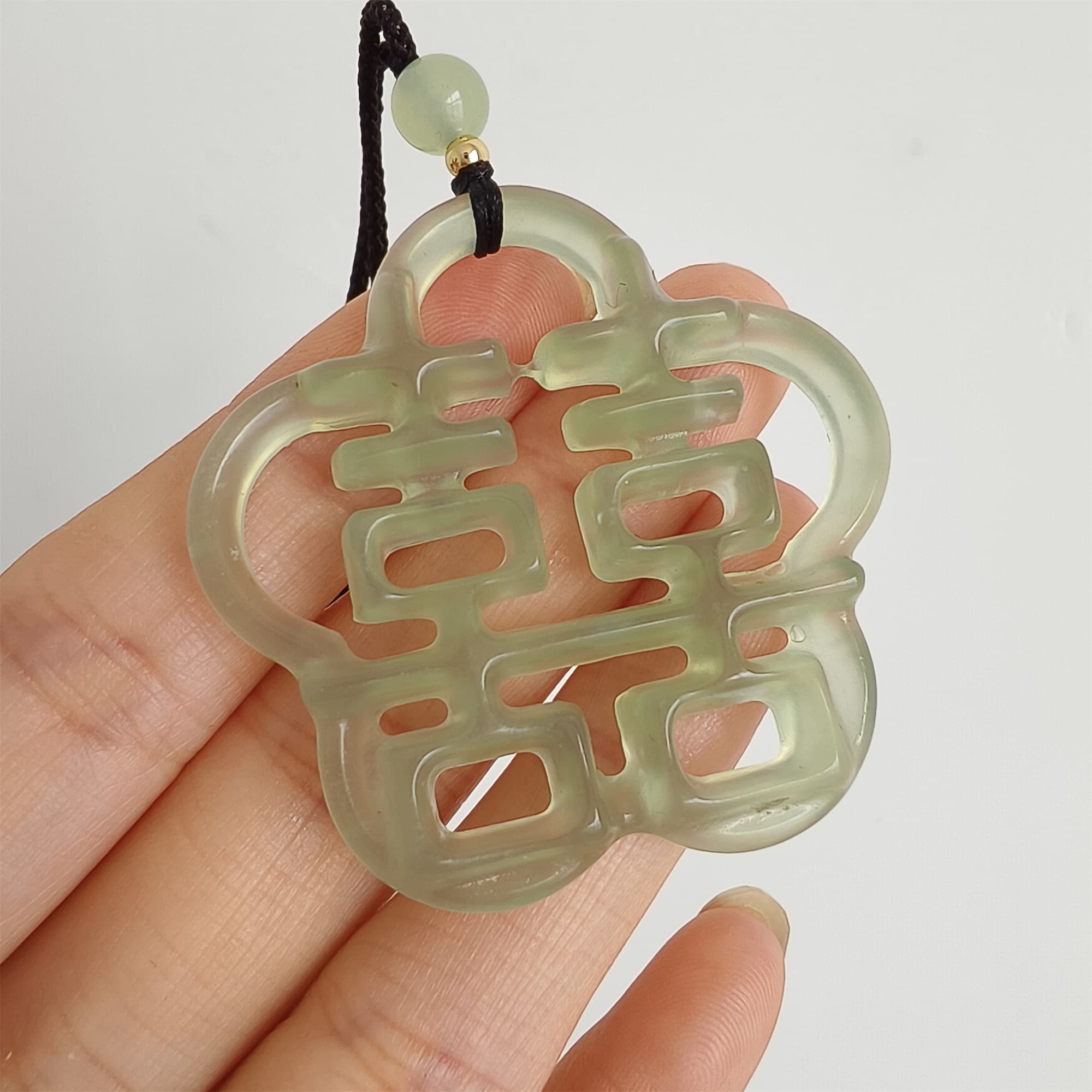 DDP 44mm Unique Untreated Natural Yellow Green Serpentine Jade Filigree 囍 Pendant