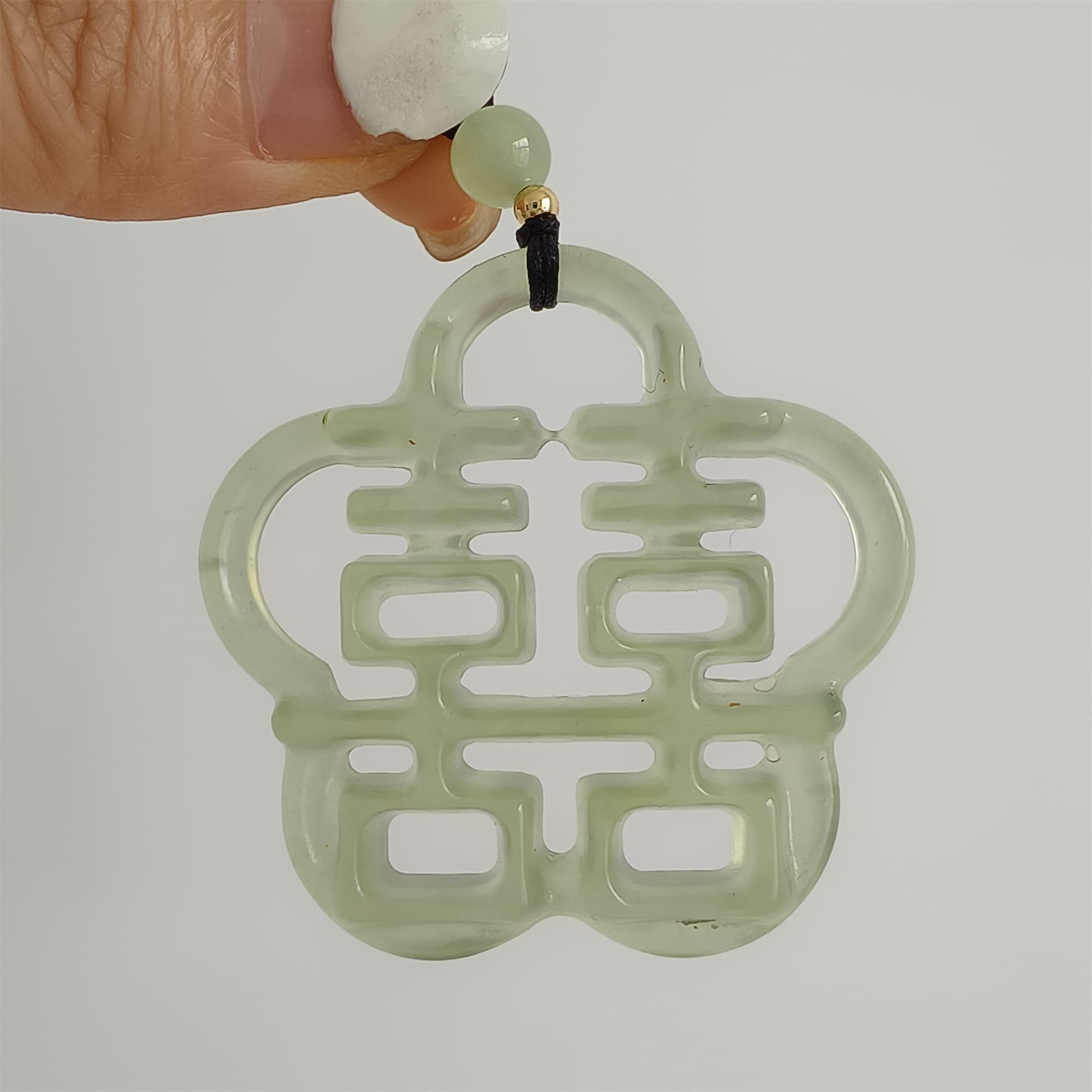 DDP 44mm Unique Untreated Natural Yellow Green Serpentine Jade Filigree 囍 Pendant