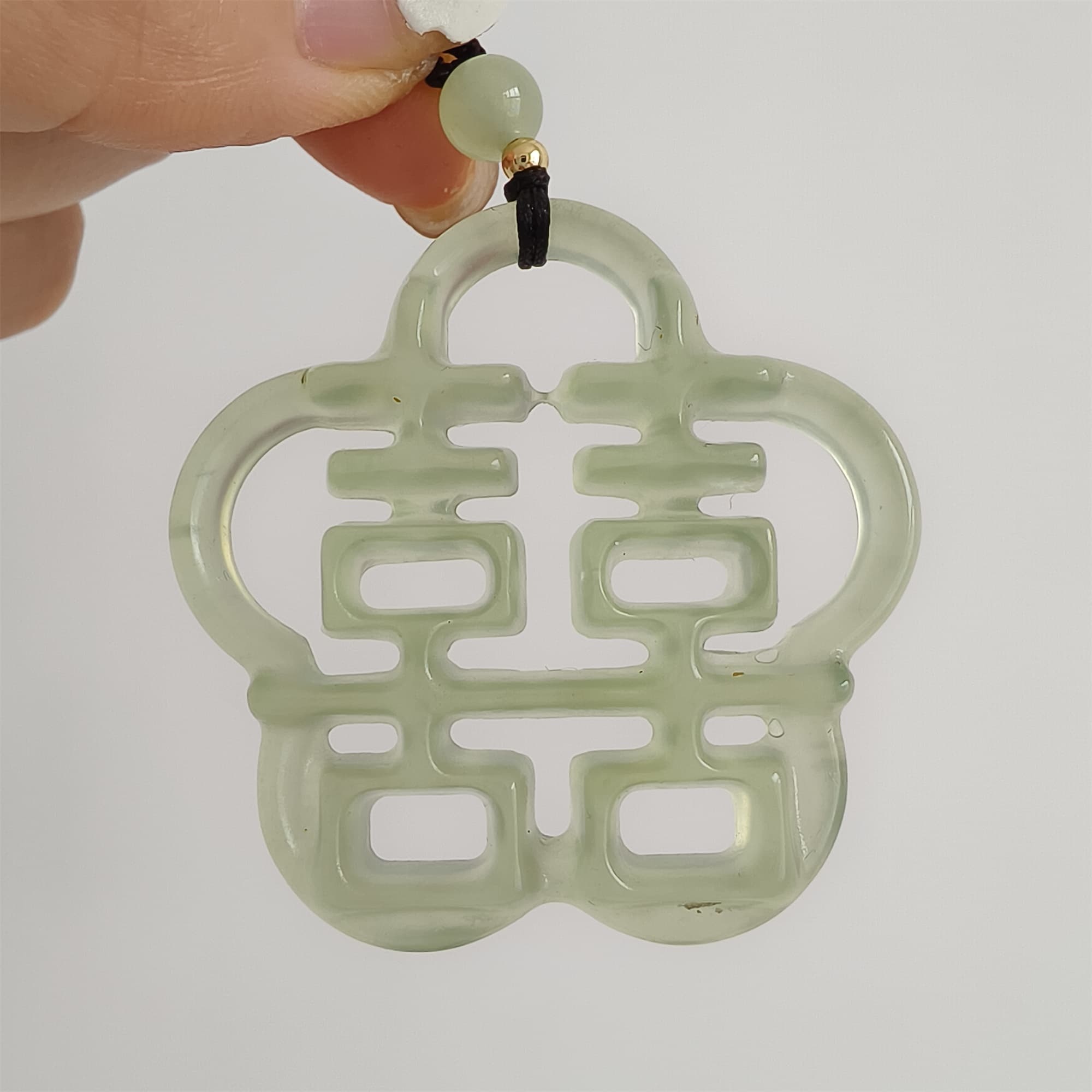 DDP 44mm Unique Untreated Natural Yellow Green Serpentine Jade Filigree 囍 Pendant