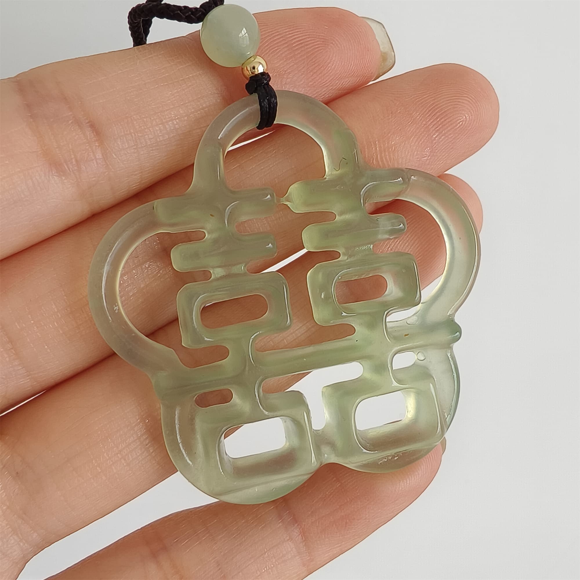 DDP 44mm Unique Untreated Natural Yellow Green Serpentine Jade Filigree 囍 Pendant