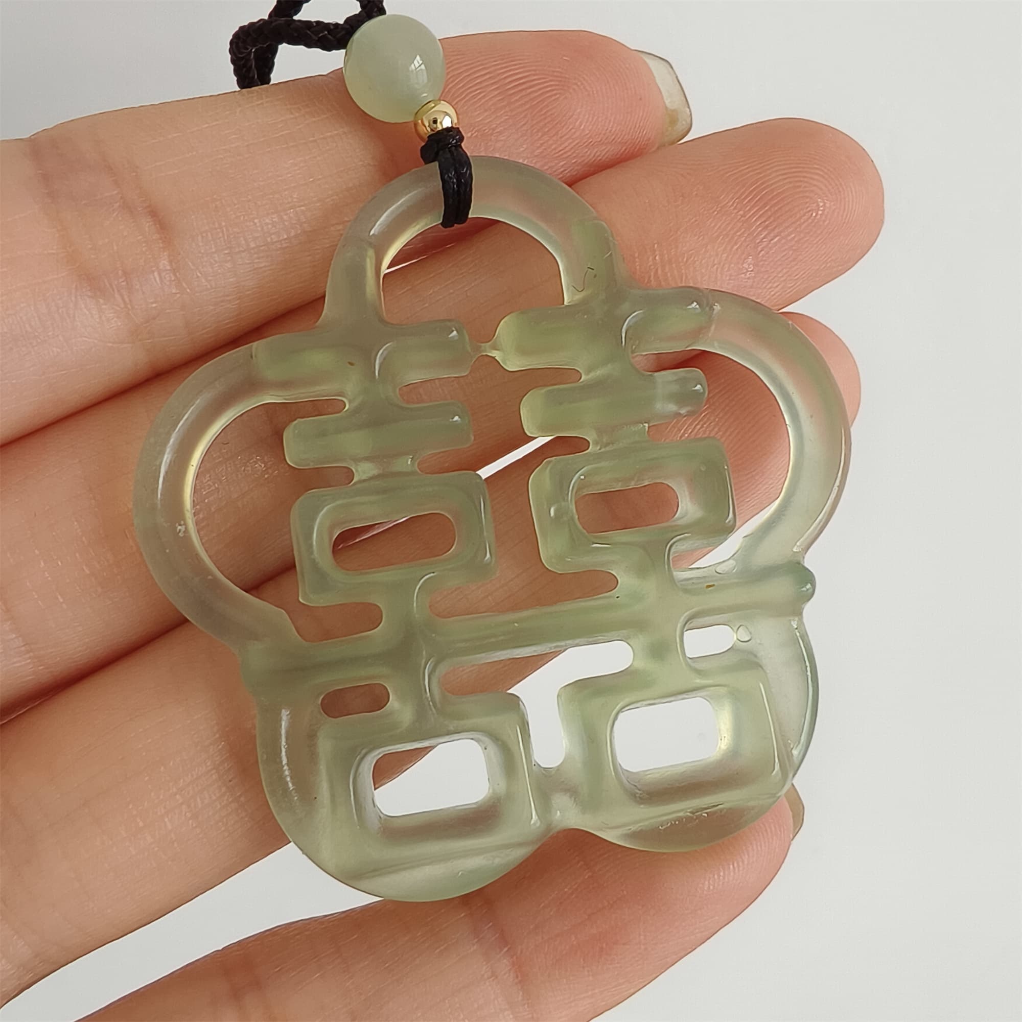 DDP 44mm Unique Untreated Natural Yellow Green Serpentine Jade Filigree 囍 Pendant