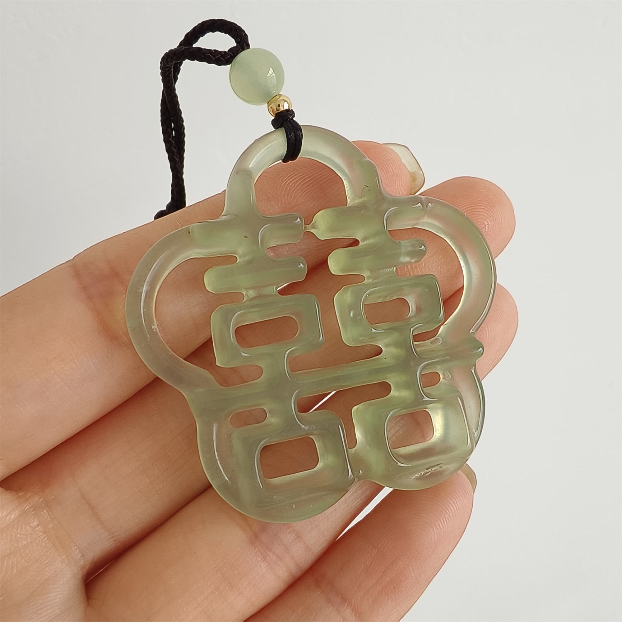 DDP 44mm Unique Untreated Natural Yellow Green Serpentine Jade Filigree 囍 Pendant