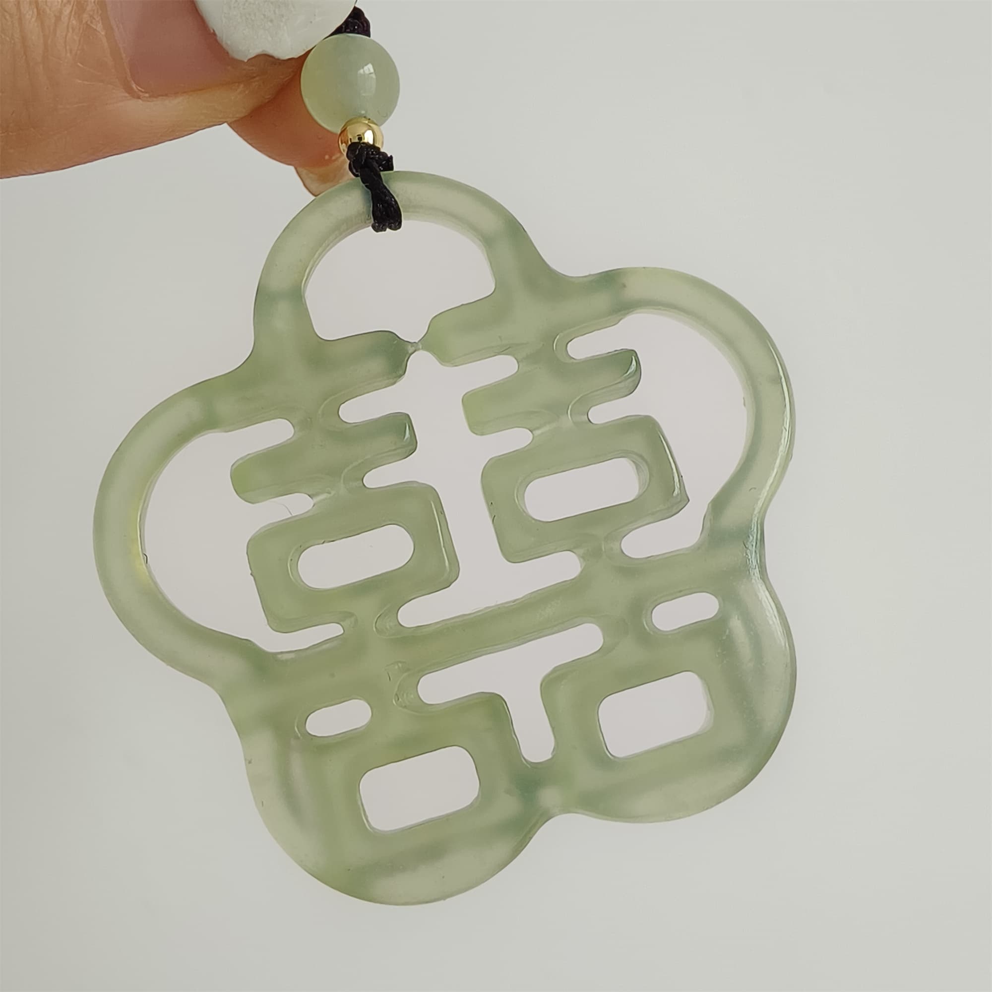 DDP 44mm Unique Untreated Natural Yellow Green Serpentine Jade Filigree 囍 Pendant