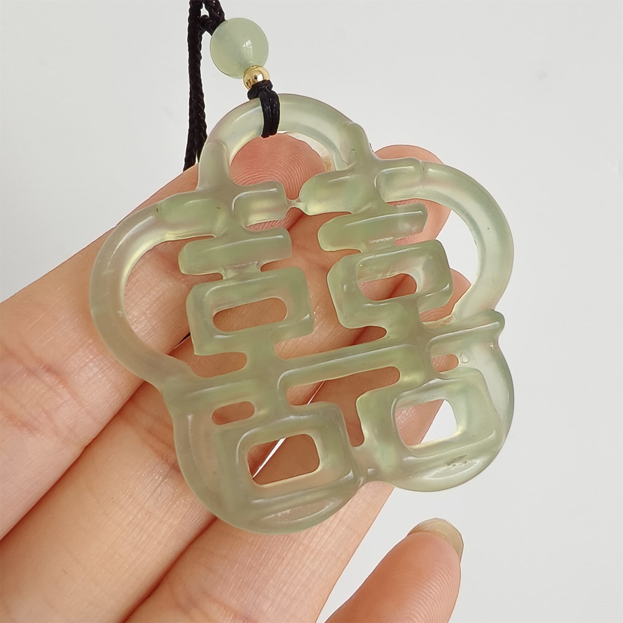 DDP 44mm Unique Untreated Natural Yellow Green Serpentine Jade Filigree 囍 Pendant