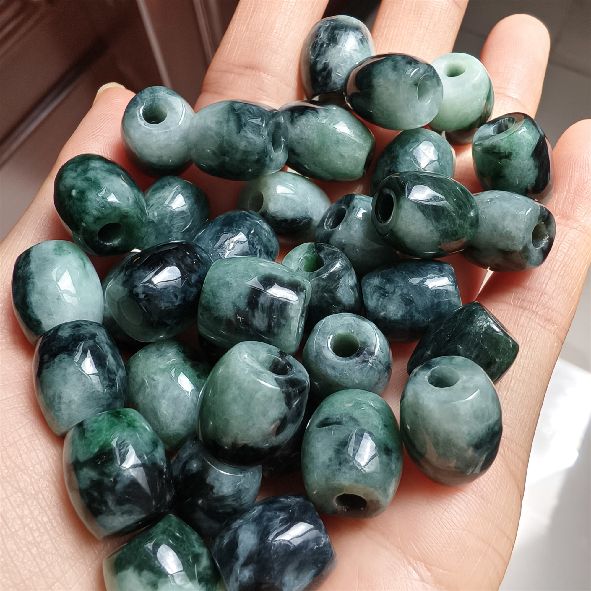 DDP 5pcs 13mm Natural Type A Moss in snow Burma Jadeite Big Hole Oval Barrel Beads