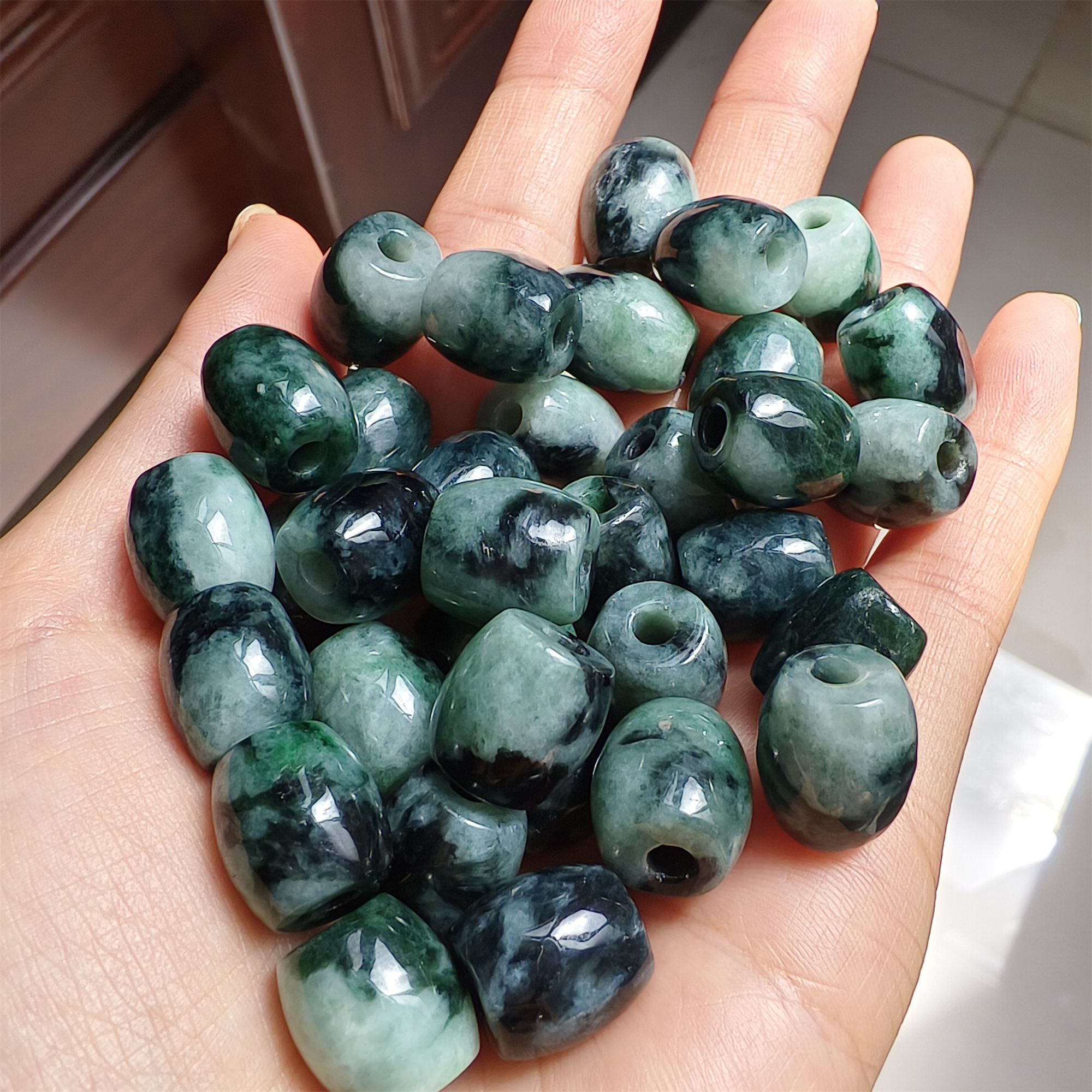 DDP 5pcs 13mm Natural Type A Moss in snow Burma Jadeite Big Hole Oval Barrel Beads