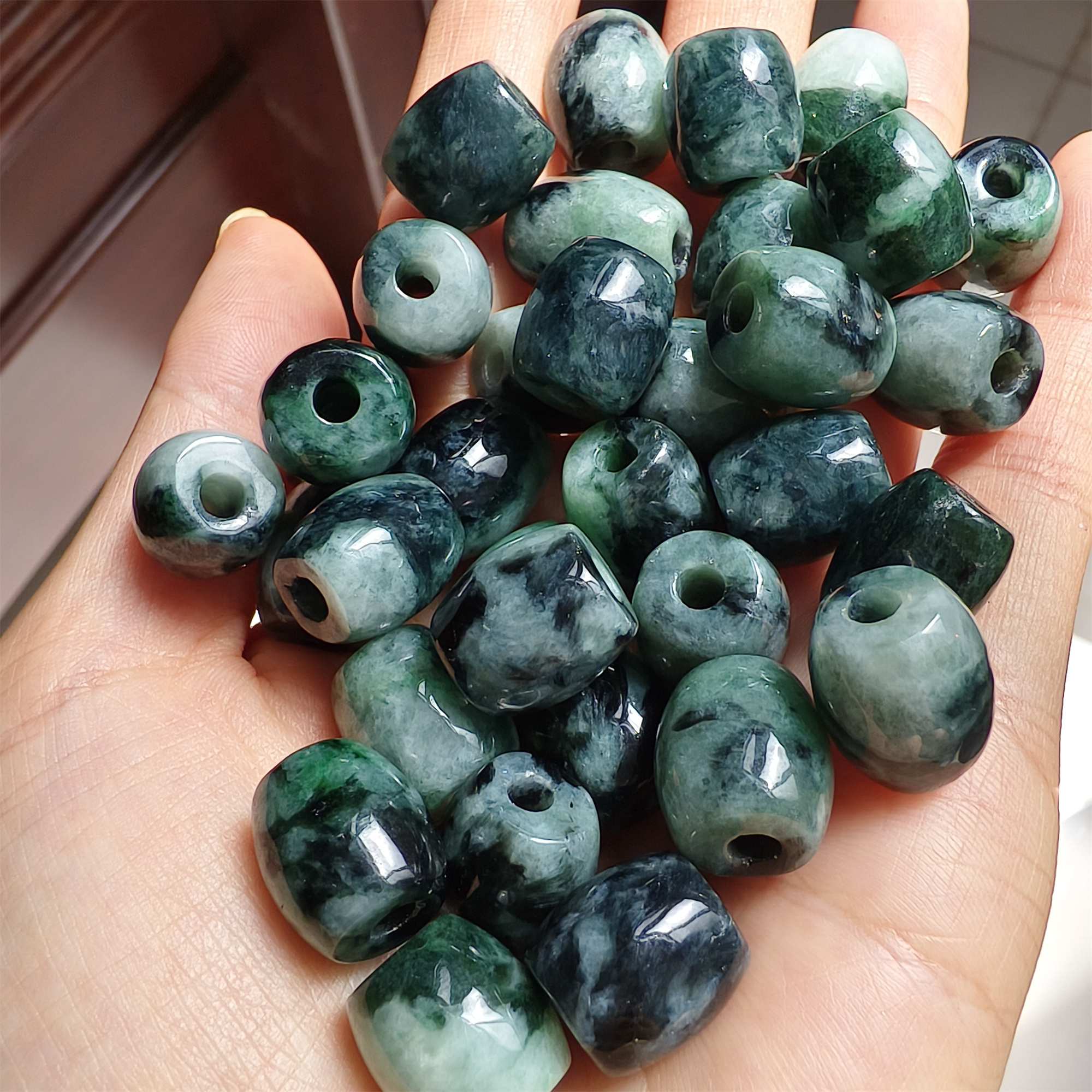 DDP 5pcs 13mm Natural Type A Moss in snow Burma Jadeite Big Hole Oval Barrel Beads