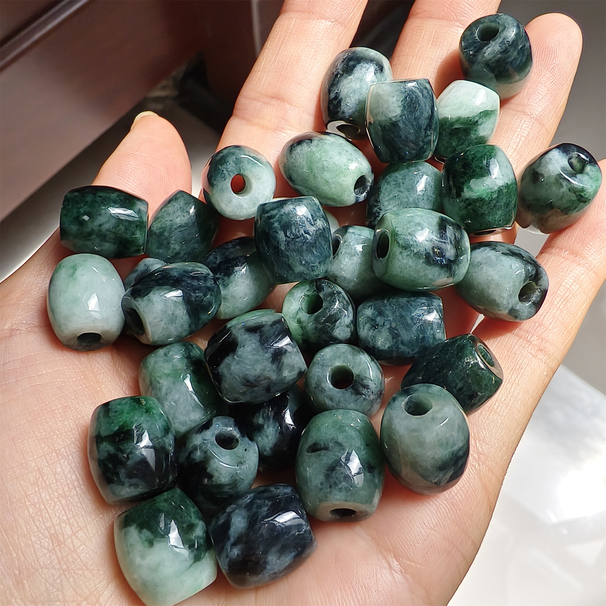 DDP 5pcs 13mm Natural Type A Moss in snow Burma Jadeite Big Hole Oval Barrel Beads