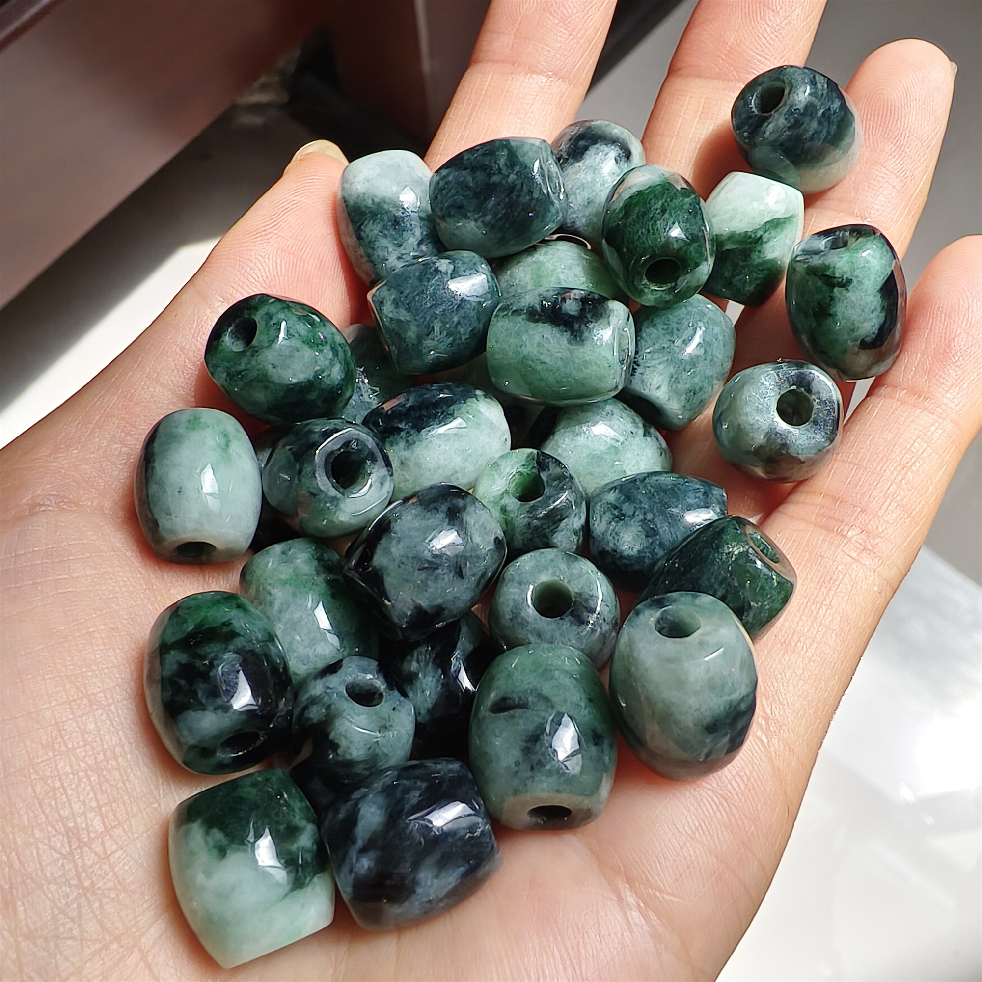 DDP 5pcs 13mm Natural Type A Moss in snow Burma Jadeite Big Hole Oval Barrel Beads