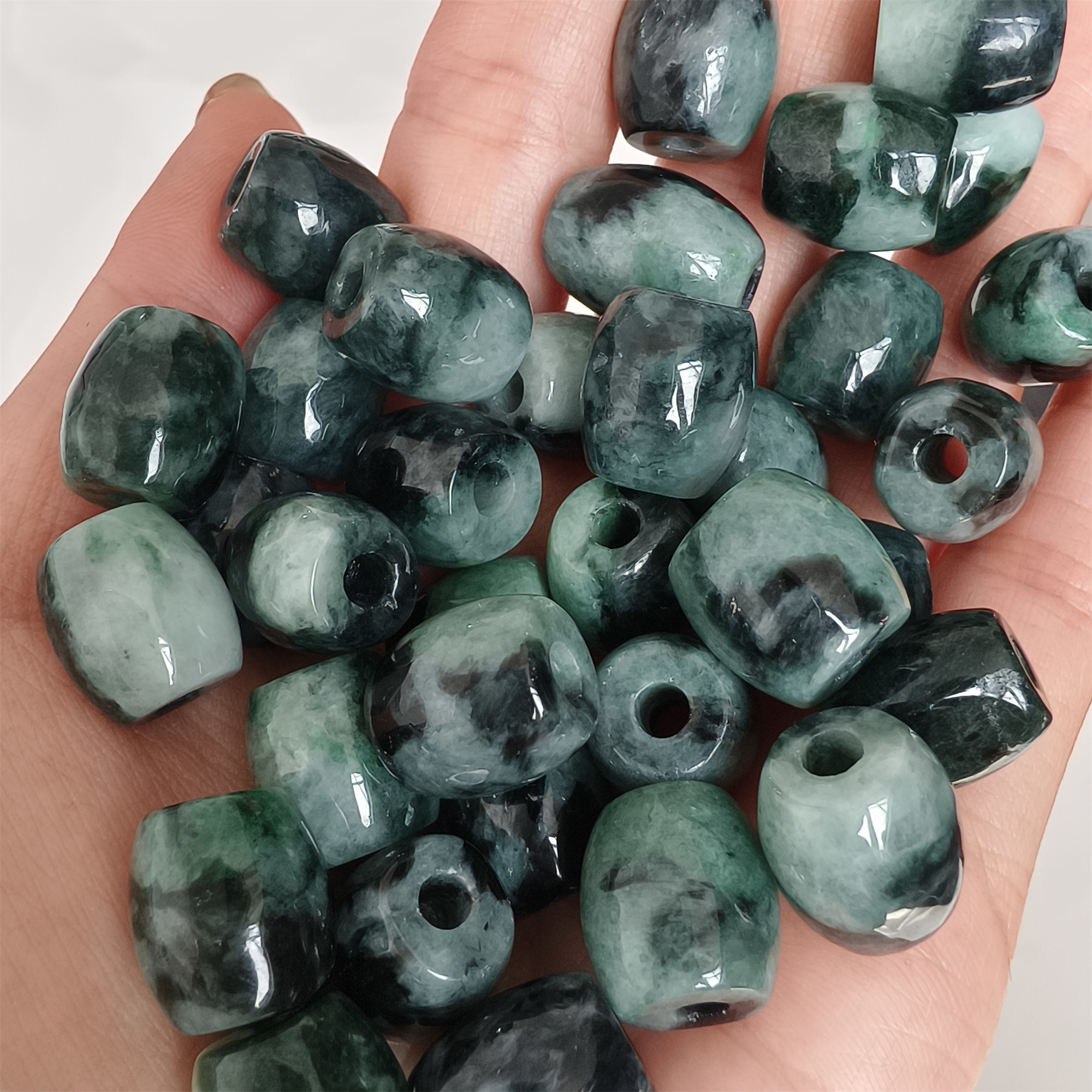 DDP 5pcs 13mm Natural Type A Moss in snow Burma Jadeite Big Hole Oval Barrel Beads