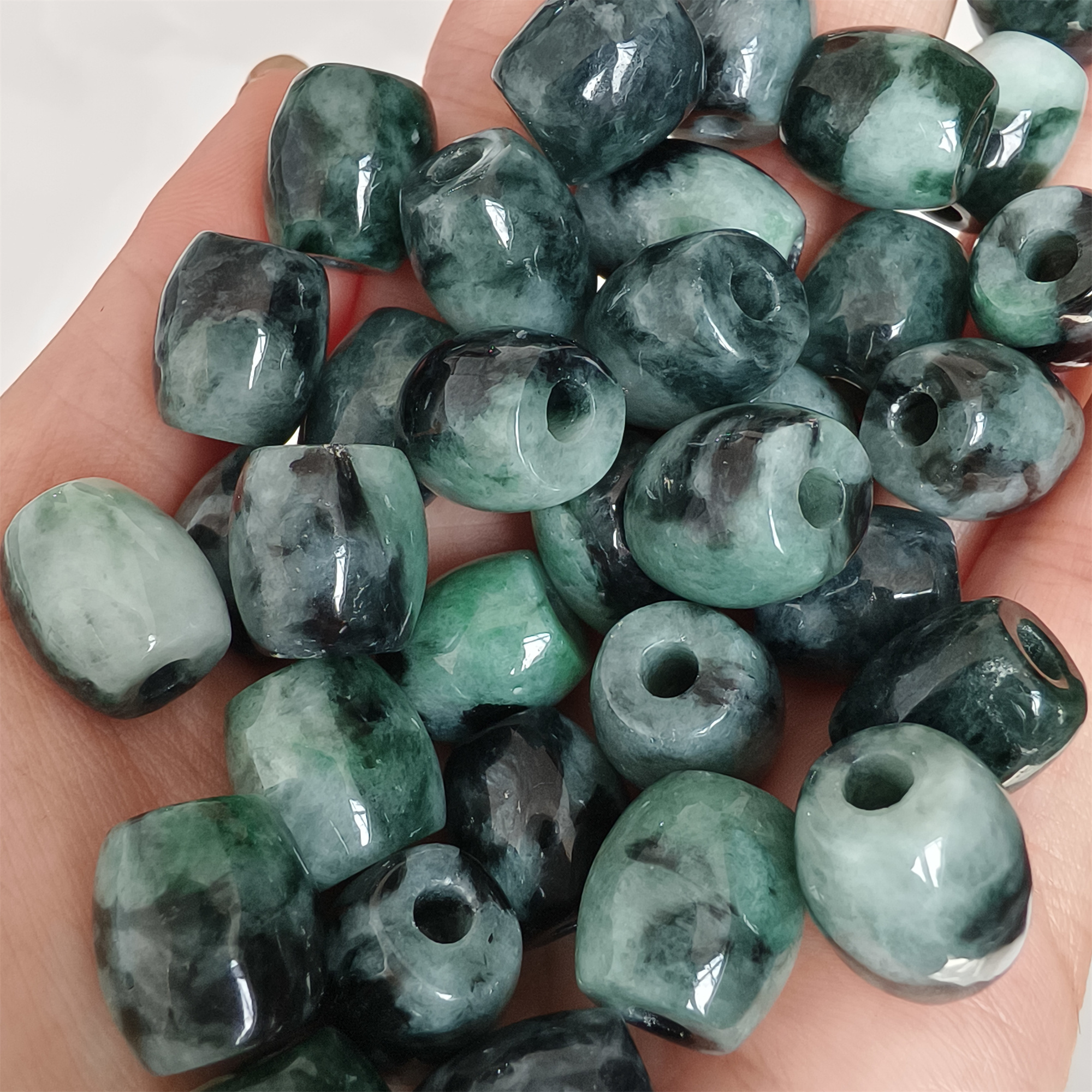 DDP 5pcs 13mm Natural Type A Moss in snow Burma Jadeite Big Hole Oval Barrel Beads