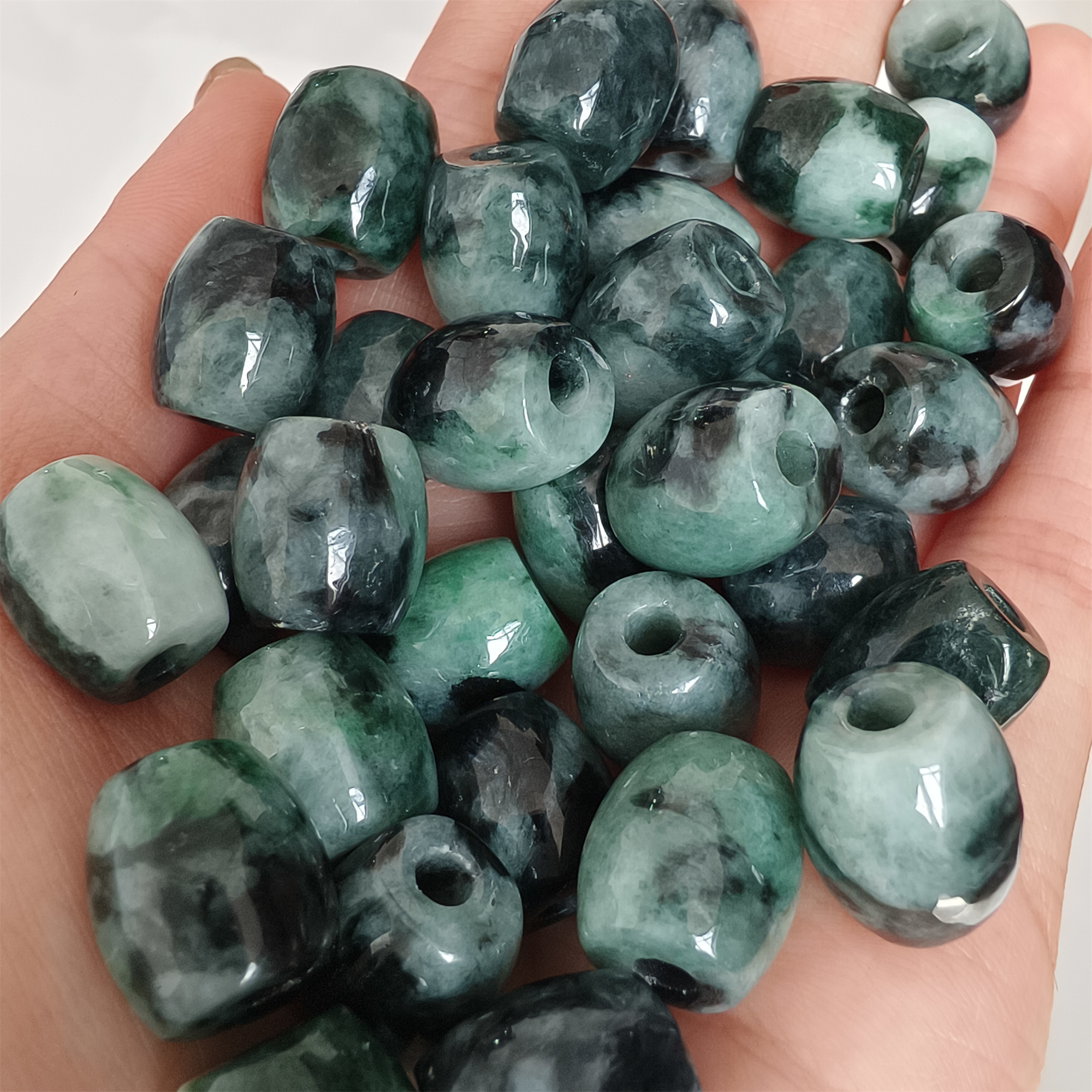 DDP 5pcs 13mm Natural Type A Moss in snow Burma Jadeite Big Hole Oval Barrel Beads