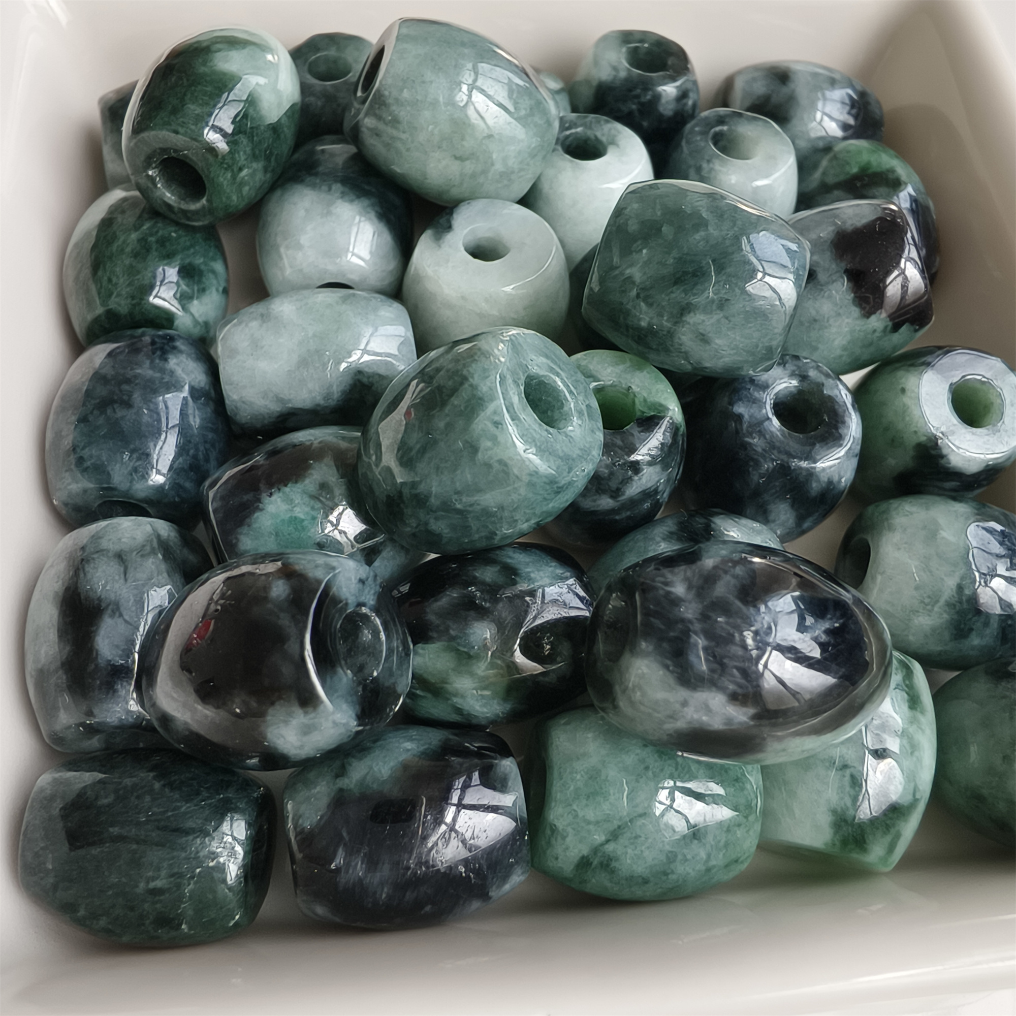 DDP 5pcs 13mm Natural Type A Moss in snow Burma Jadeite Big Hole Oval Barrel Beads