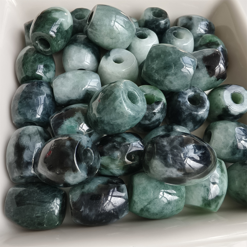DDP 5pcs 13mm Natural Type A Moss in snow Burma Jadeite Big Hole Oval Barrel Beads