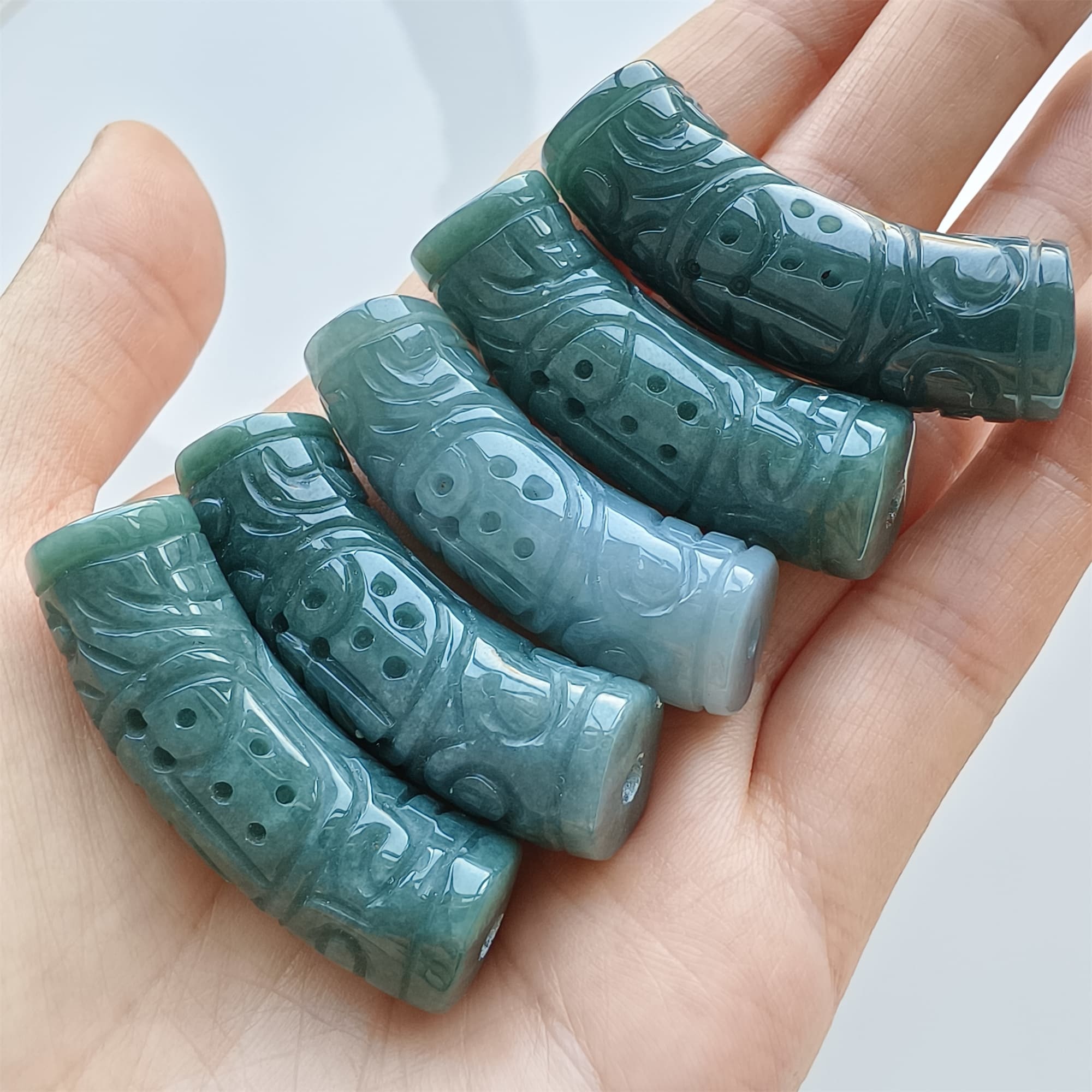 DDP Natural 43-44mm Type A Untreated Icy Waxy Blue Guatemalan Jadeite Curved Tube Beads With 福 Carved