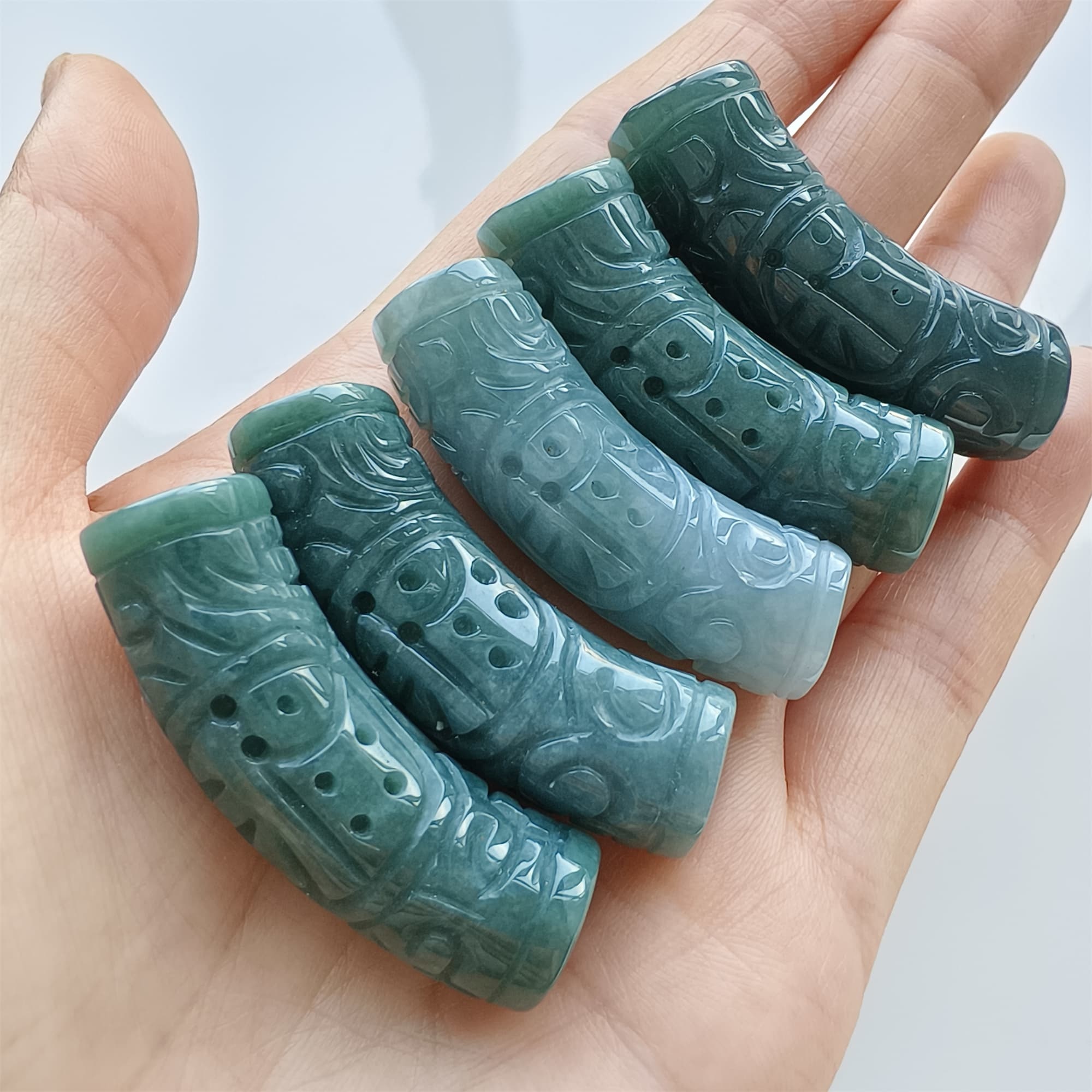 DDP Natural 43-44mm Type A Untreated Icy Waxy Blue Guatemalan Jadeite Curved Tube Beads With 福 Carved