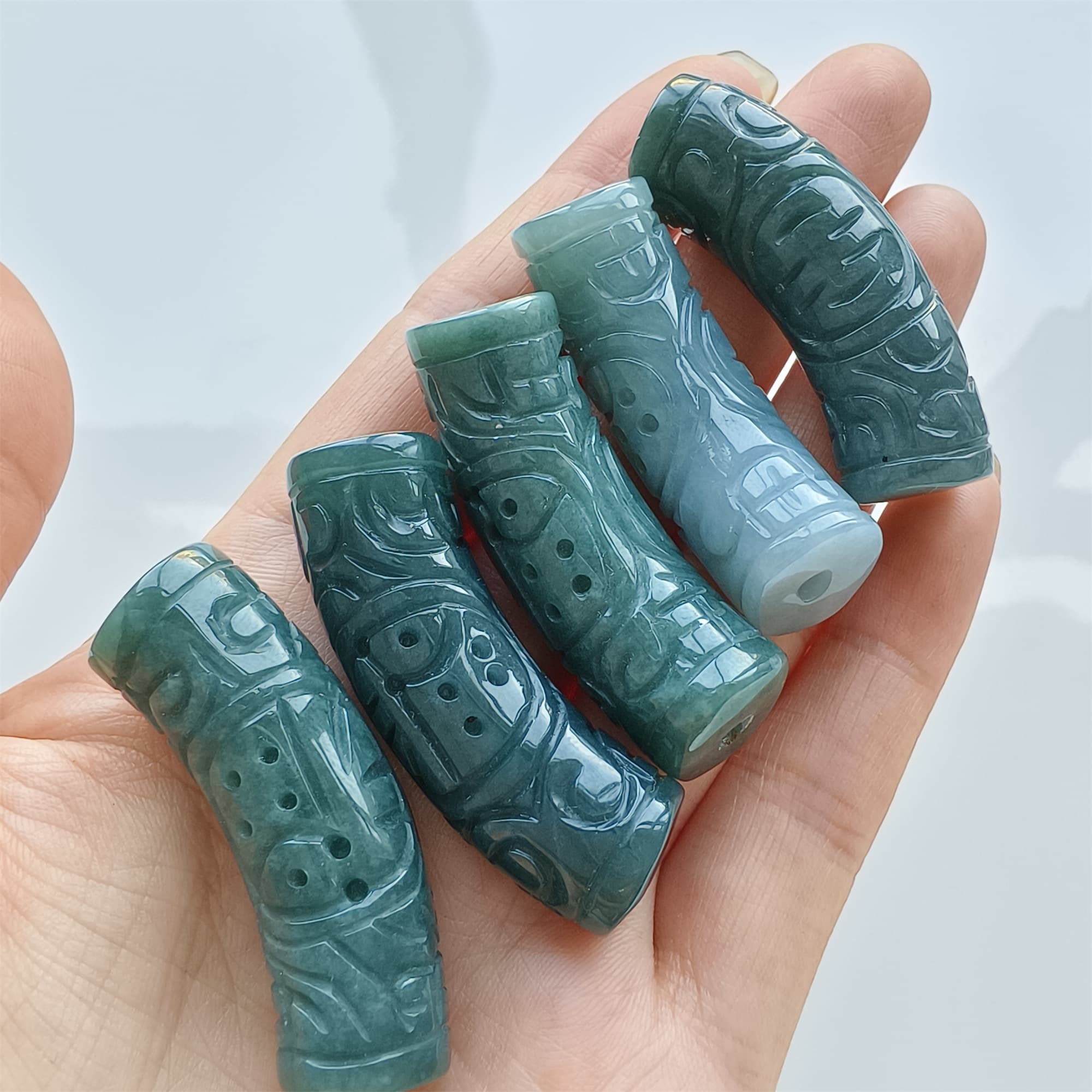 DDP Natural 43-44mm Type A Untreated Icy Waxy Blue Guatemalan Jadeite Curved Tube Beads With 福 Carved