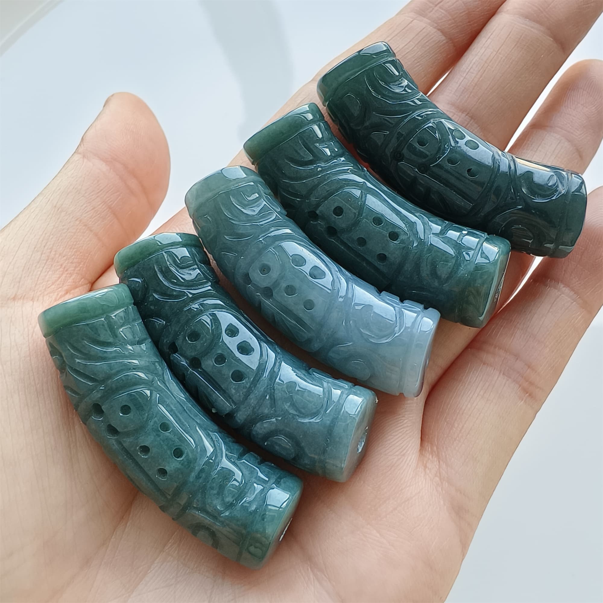 DDP Natural 43-44mm Type A Untreated Icy Waxy Blue Guatemalan Jadeite Curved Tube Beads With 福 Carved