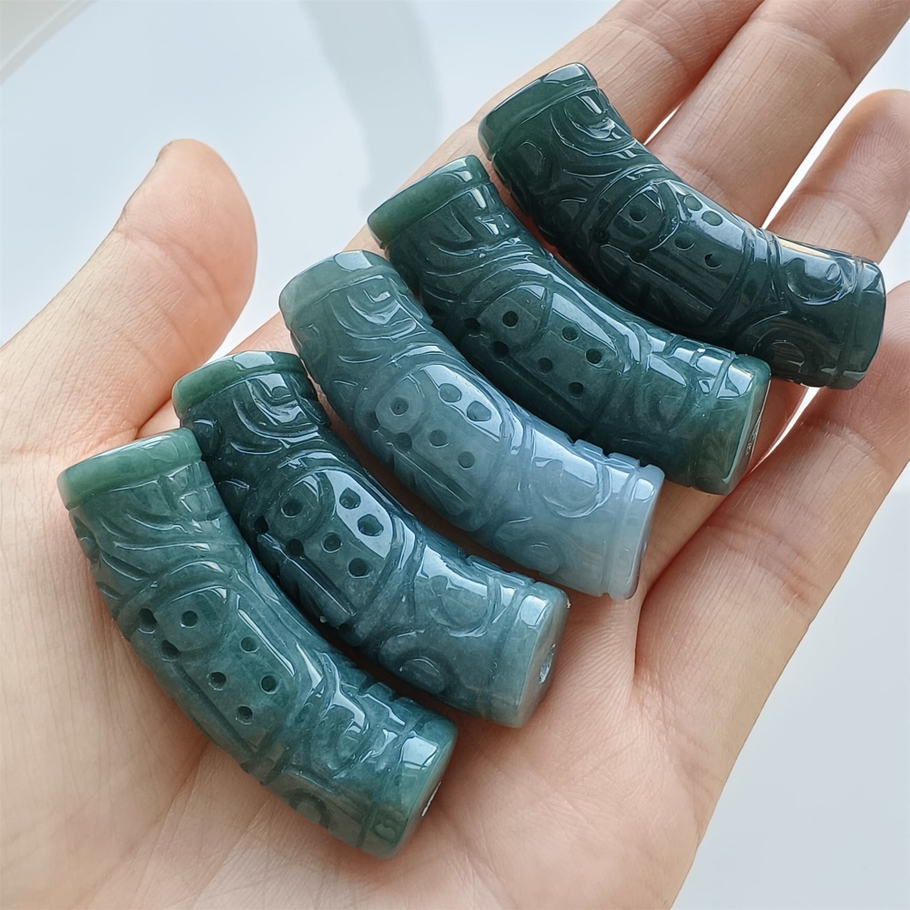 DDP Natural 43-44mm Type A Untreated Icy Waxy Blue Guatemalan Jadeite Curved Tube Beads With 福 Carved