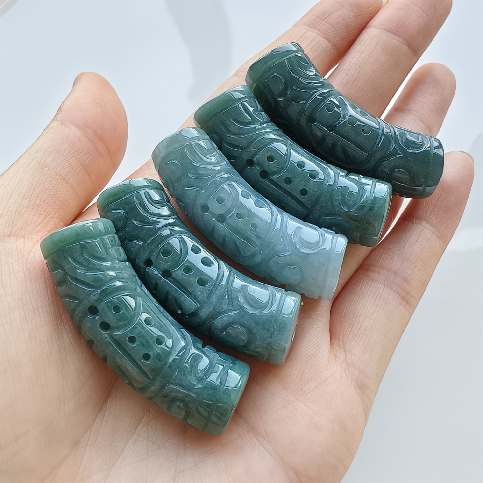 DDP Natural 43-44mm Type A Untreated Icy Waxy Blue Guatemalan Jadeite Curved Tube Beads With 福 Carved
