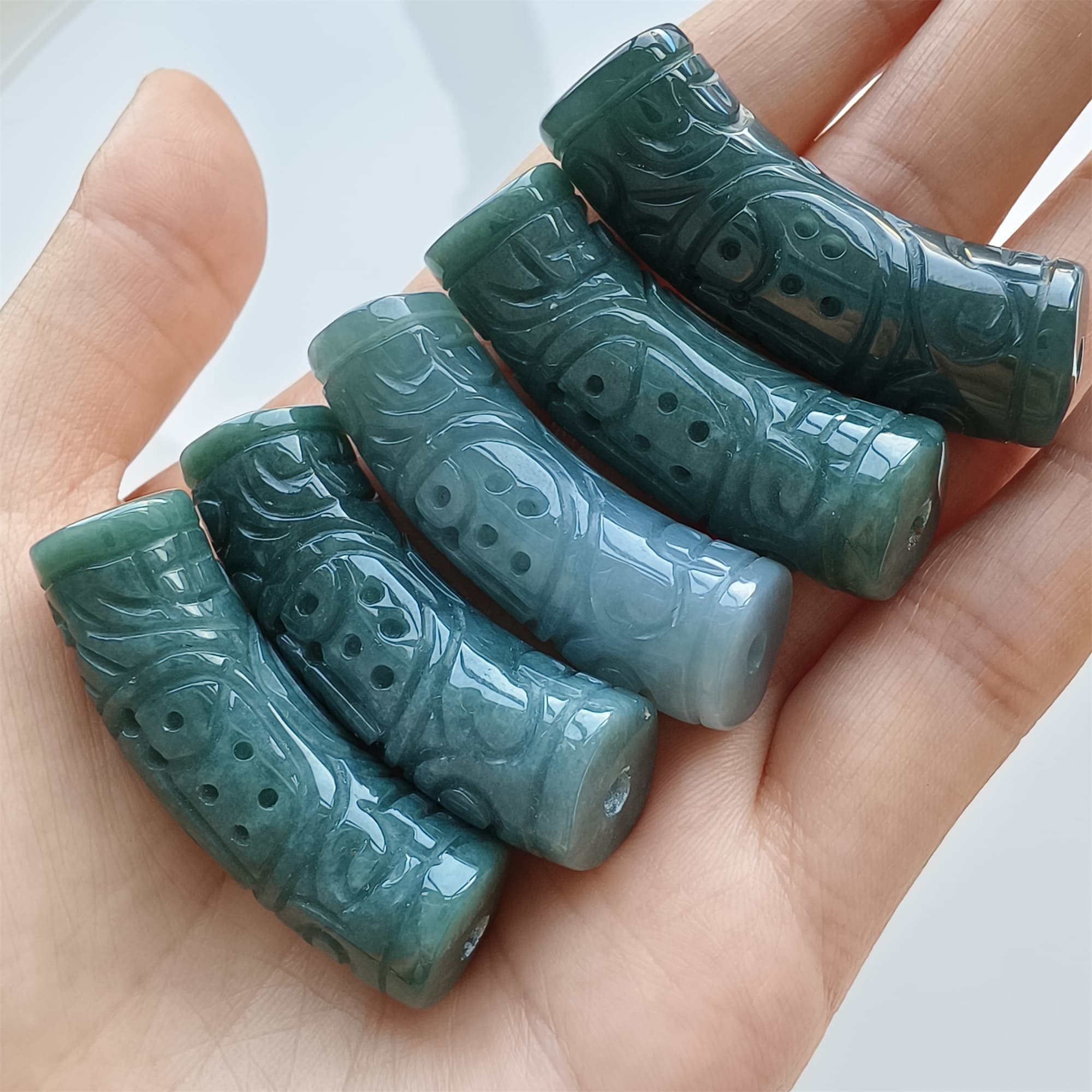 DDP Natural 43-44mm Type A Untreated Icy Waxy Blue Guatemalan Jadeite Curved Tube Beads With 福 Carved