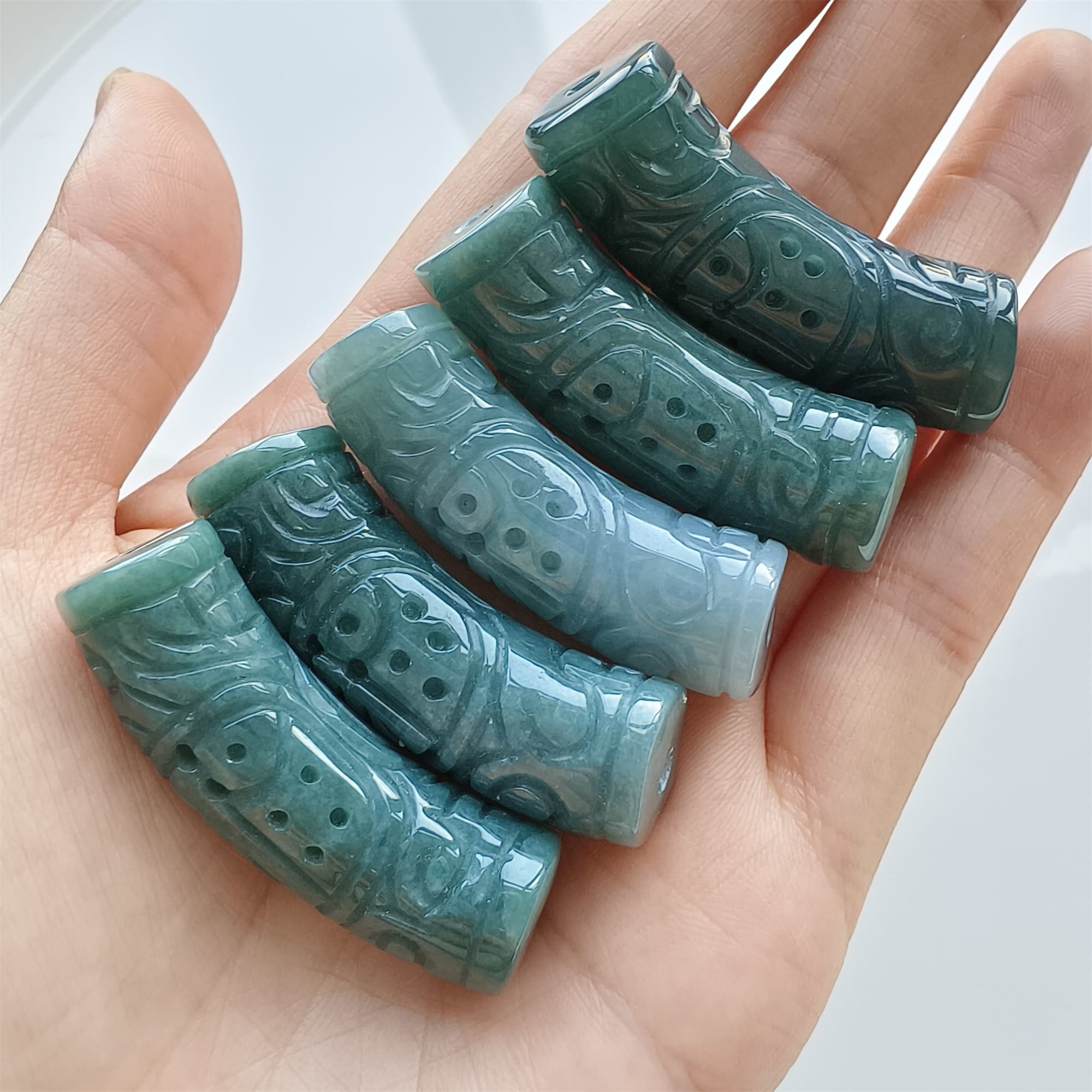 DDP Natural 43-44mm Type A Untreated Icy Waxy Blue Guatemalan Jadeite Curved Tube Beads With 福 Carved