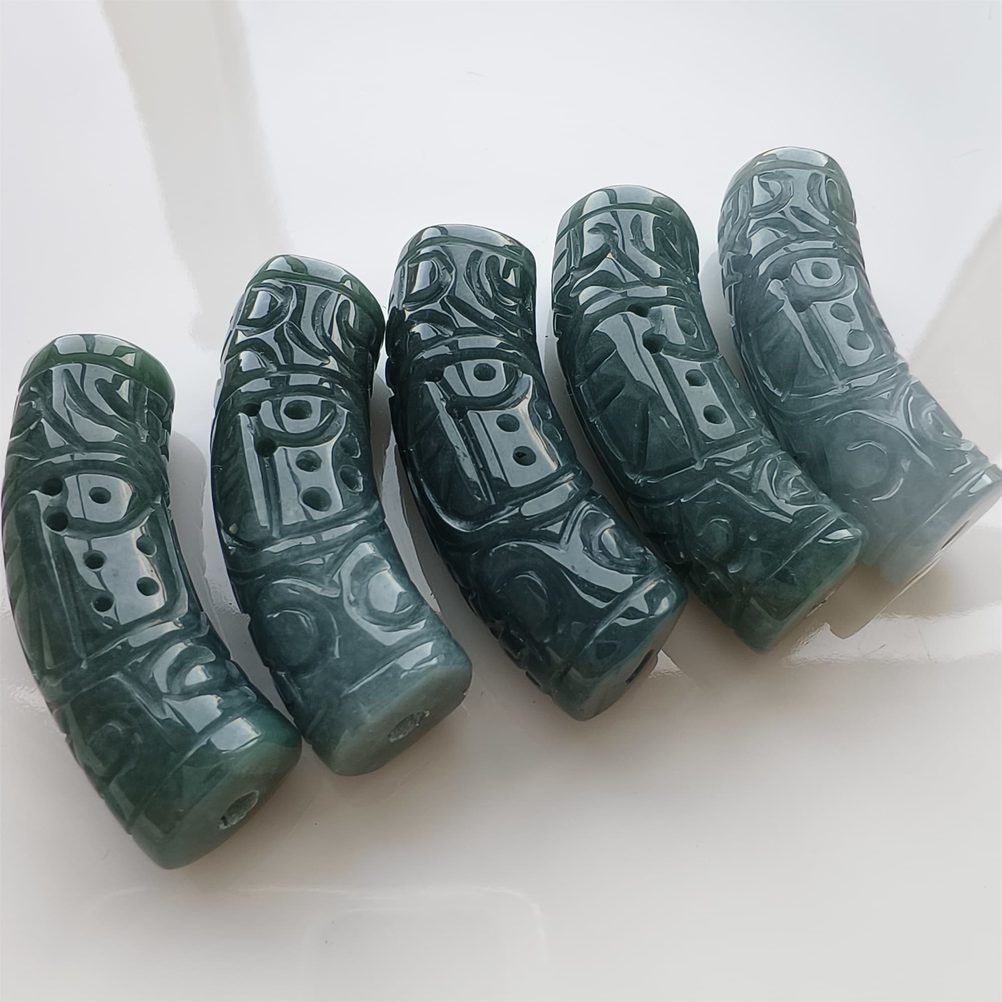 DDP Natural 43-44mm Type A Untreated Icy Waxy Blue Guatemalan Jadeite Curved Tube Beads With 福 Carved