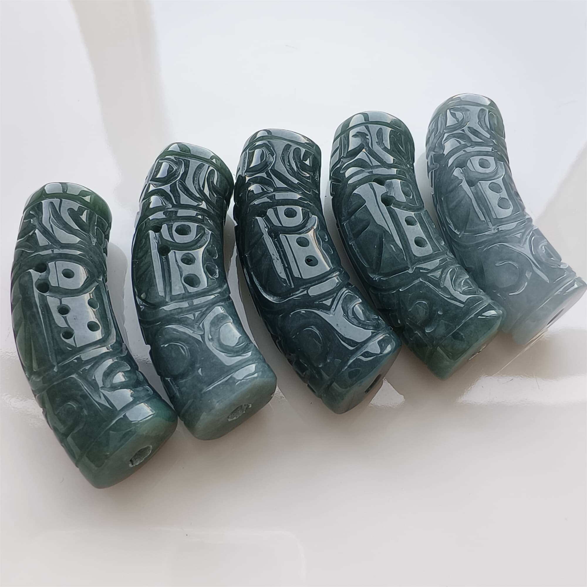 DDP Natural 43-44mm Type A Untreated Icy Waxy Blue Guatemalan Jadeite Curved Tube Beads With 福 Carved