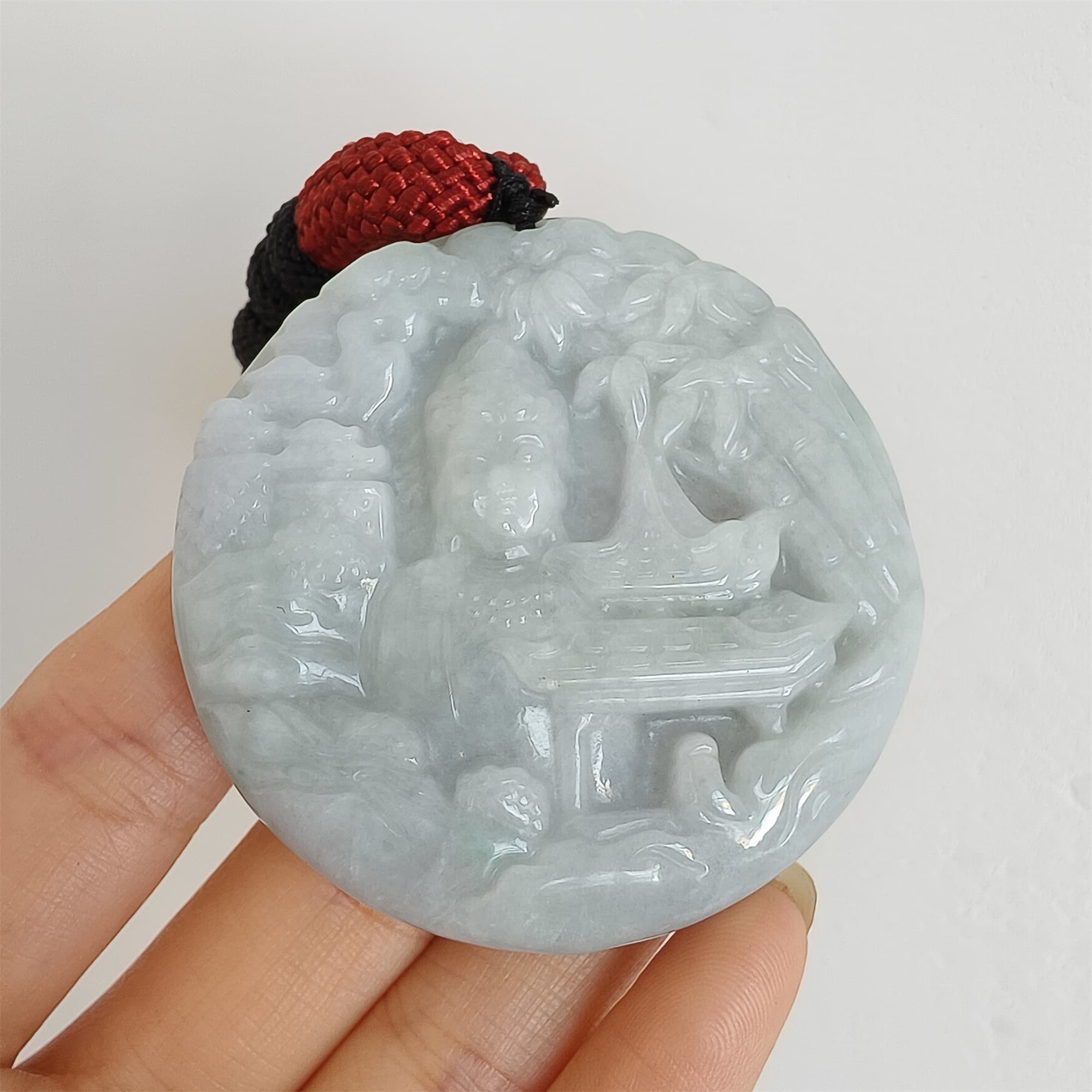 DDP 52.3mm Unique Natural Certificated Type A Untreated Light Green Burmese Jadeite Round Pendant With Landscape And Buddha Carved
