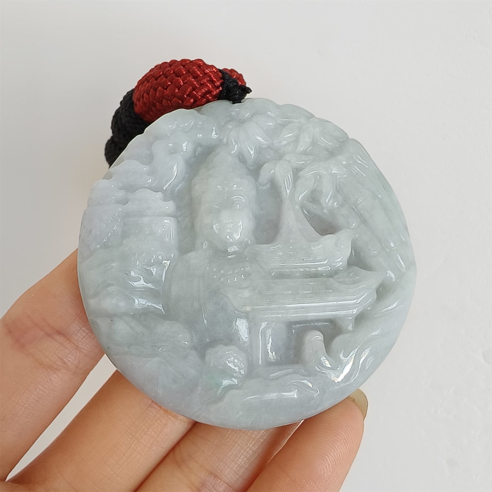 DDP 52.3mm Unique Natural Certificated Type A Untreated Light Green Burmese Jadeite Round Pendant With Landscape And Buddha Carved
