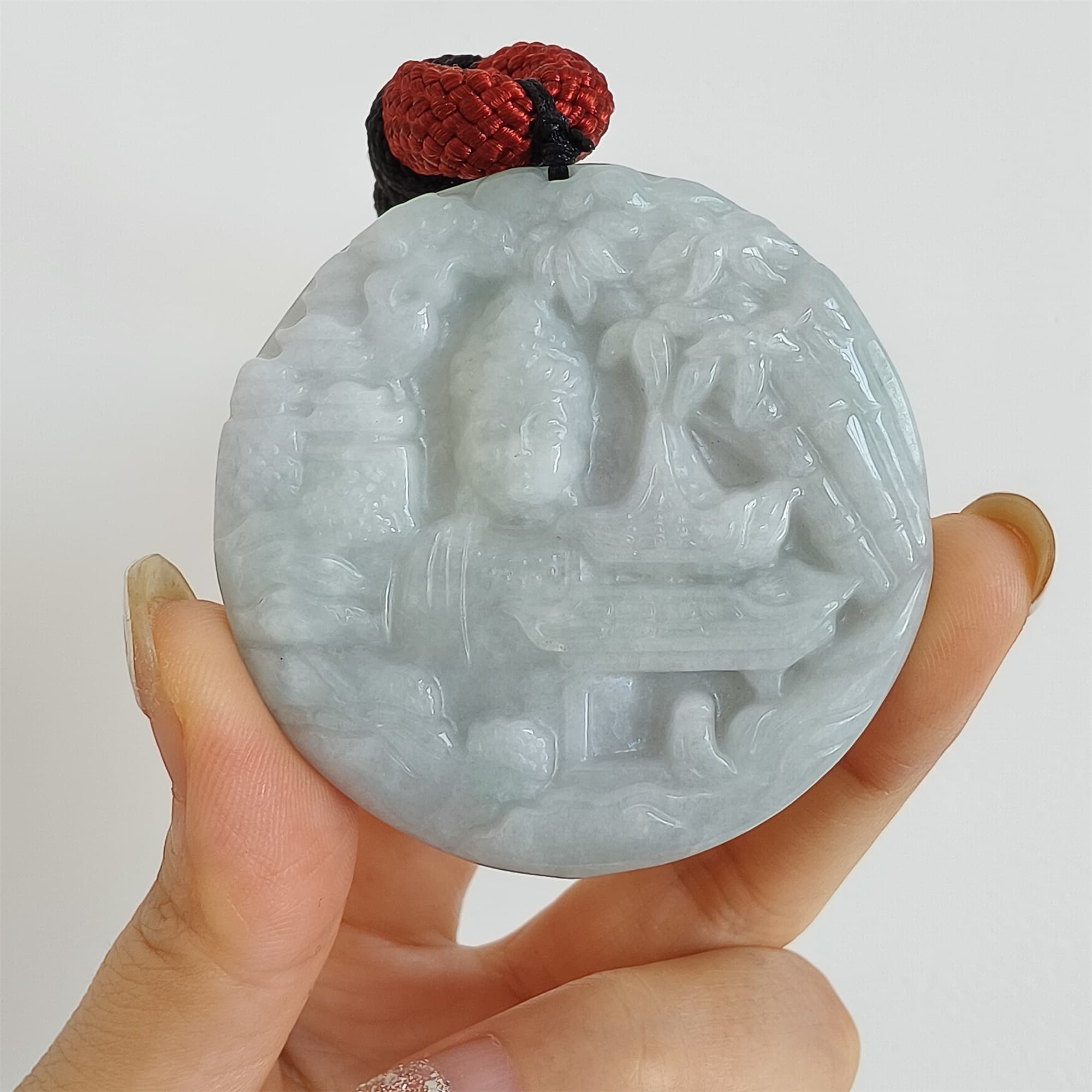 DDP 52.3mm Unique Natural Certificated Type A Untreated Light Green Burmese Jadeite Round Pendant With Landscape And Buddha Carved