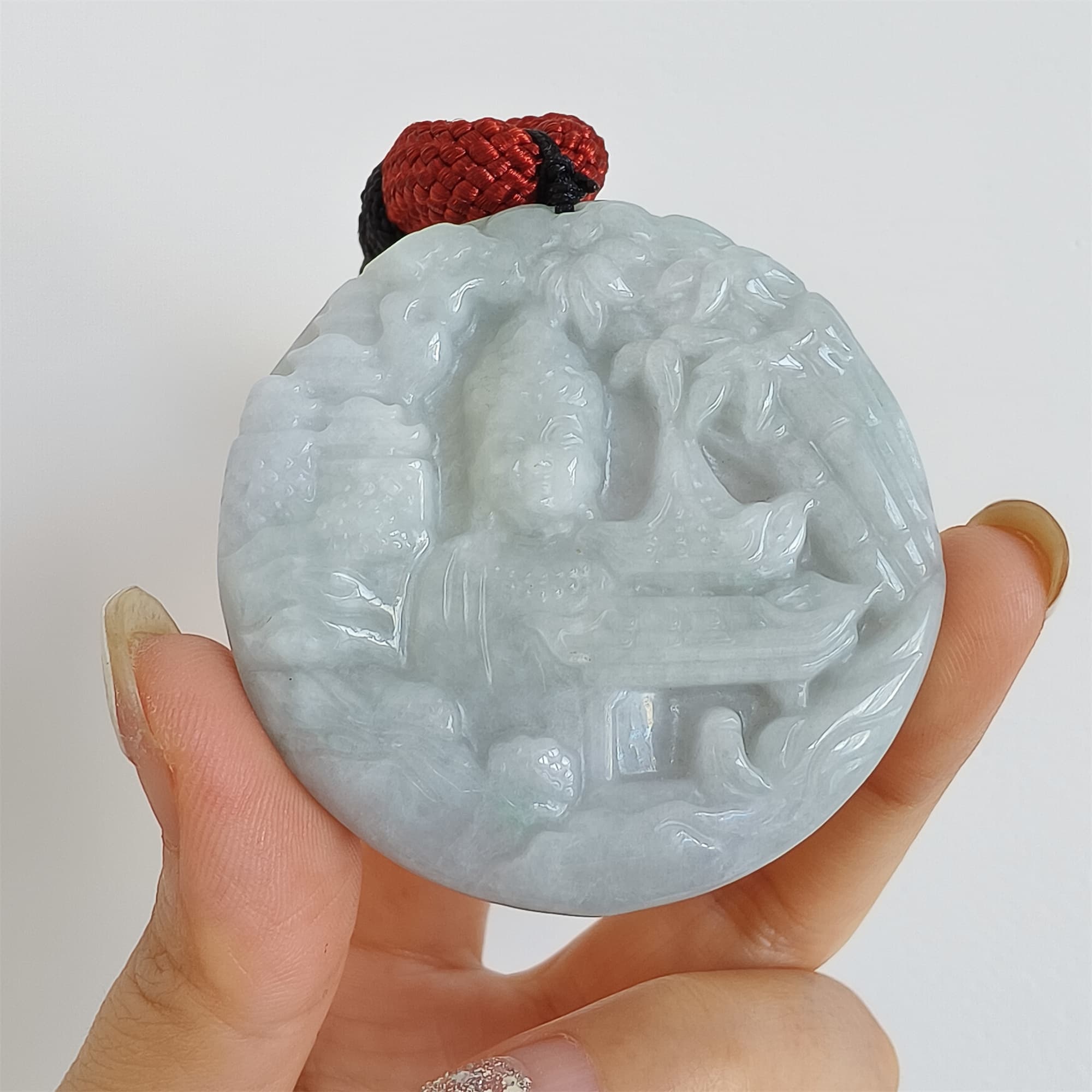 DDP 52.3mm Unique Natural Certificated Type A Untreated Light Green Burmese Jadeite Round Pendant With Landscape And Buddha Carved