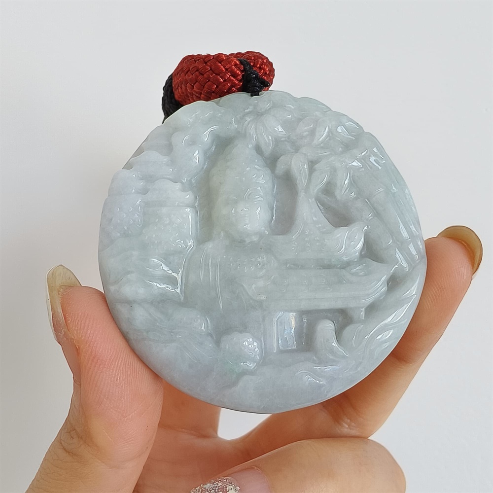 DDP 52.3mm Unique Natural Certificated Type A Untreated Light Green Burmese Jadeite Round Pendant With Landscape And Buddha Carved