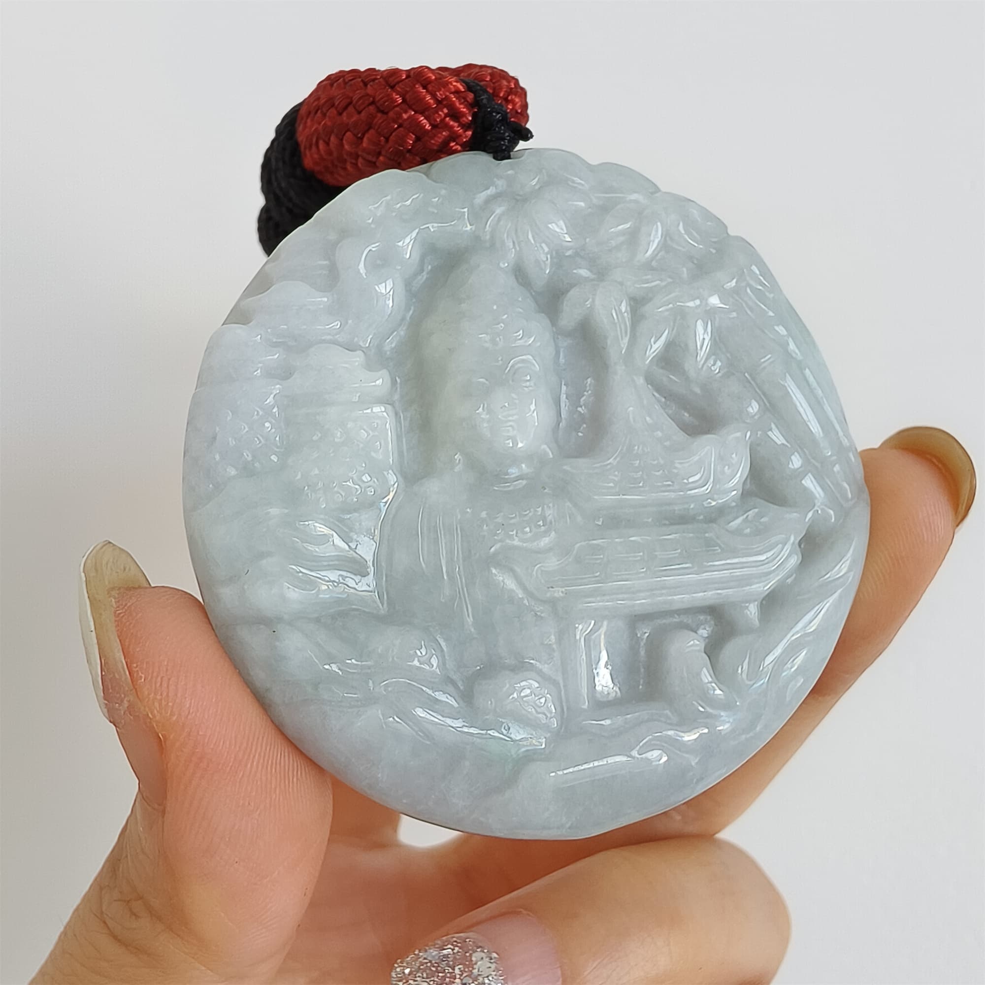DDP 52.3mm Unique Natural Certificated Type A Untreated Light Green Burmese Jadeite Round Pendant With Landscape And Buddha Carved