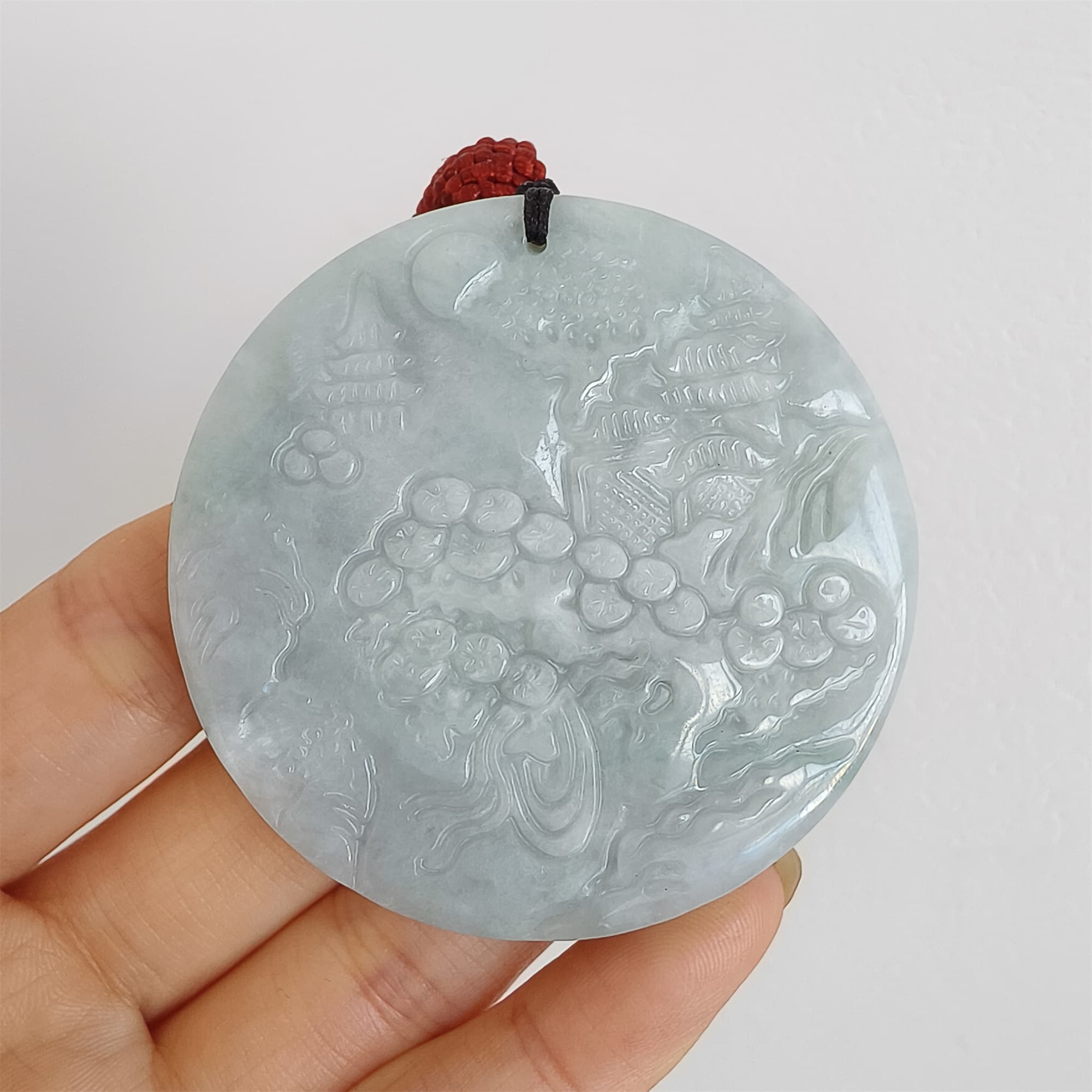 DDP 52.3mm Unique Natural Certificated Type A Untreated Light Green Burmese Jadeite Round Pendant With Landscape And Buddha Carved