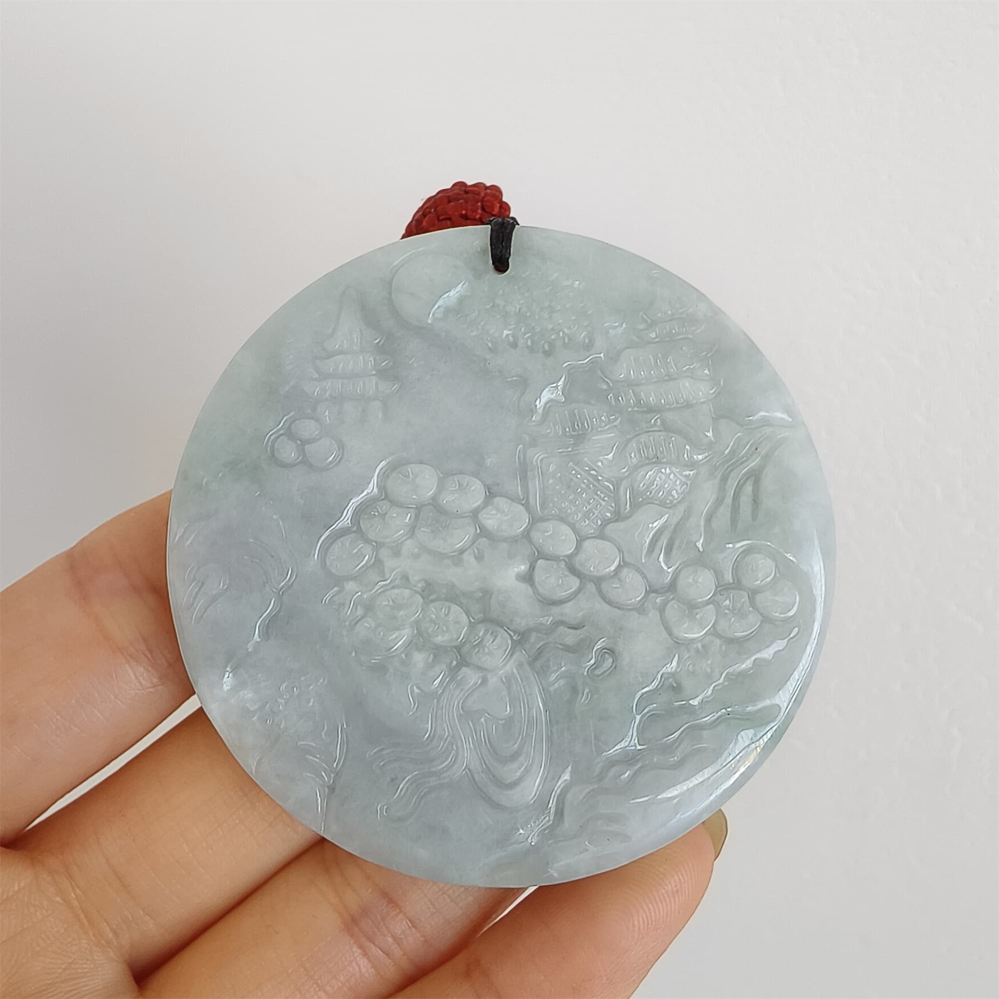 DDP 52.3mm Unique Natural Certificated Type A Untreated Light Green Burmese Jadeite Round Pendant With Landscape And Buddha Carved