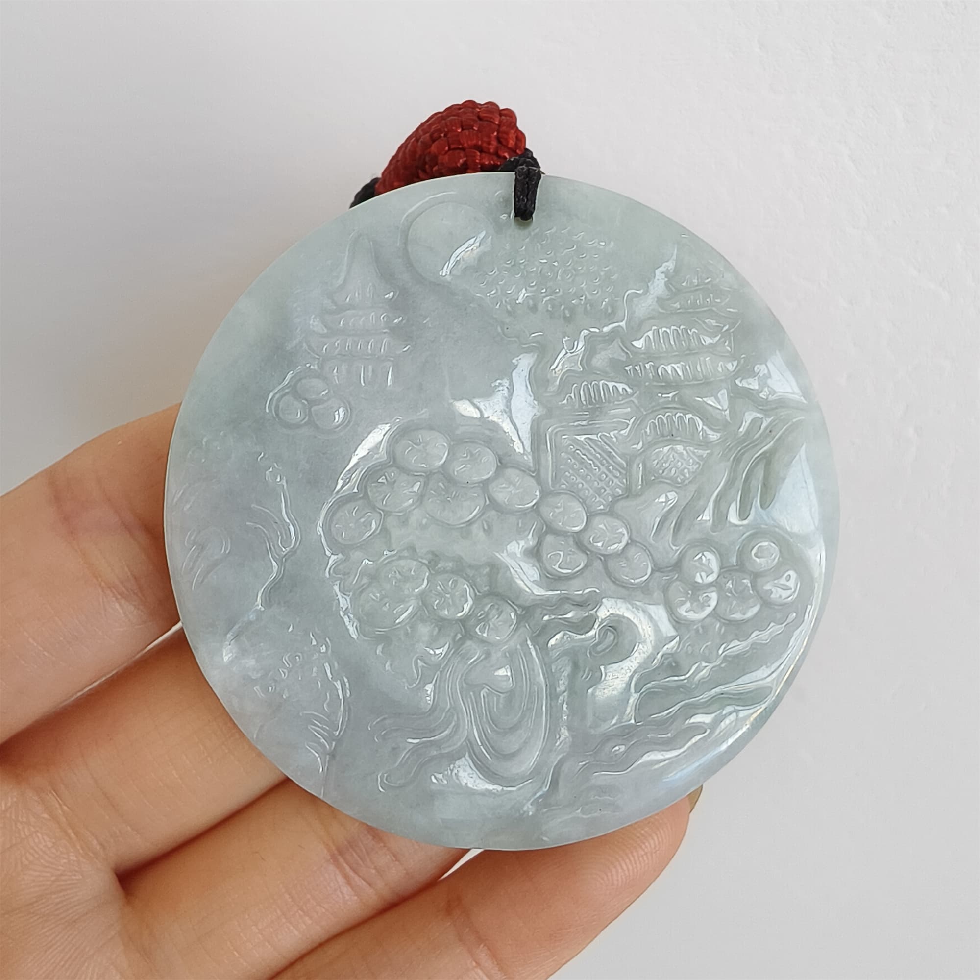 DDP 52.3mm Unique Natural Certificated Type A Untreated Light Green Burmese Jadeite Round Pendant With Landscape And Buddha Carved