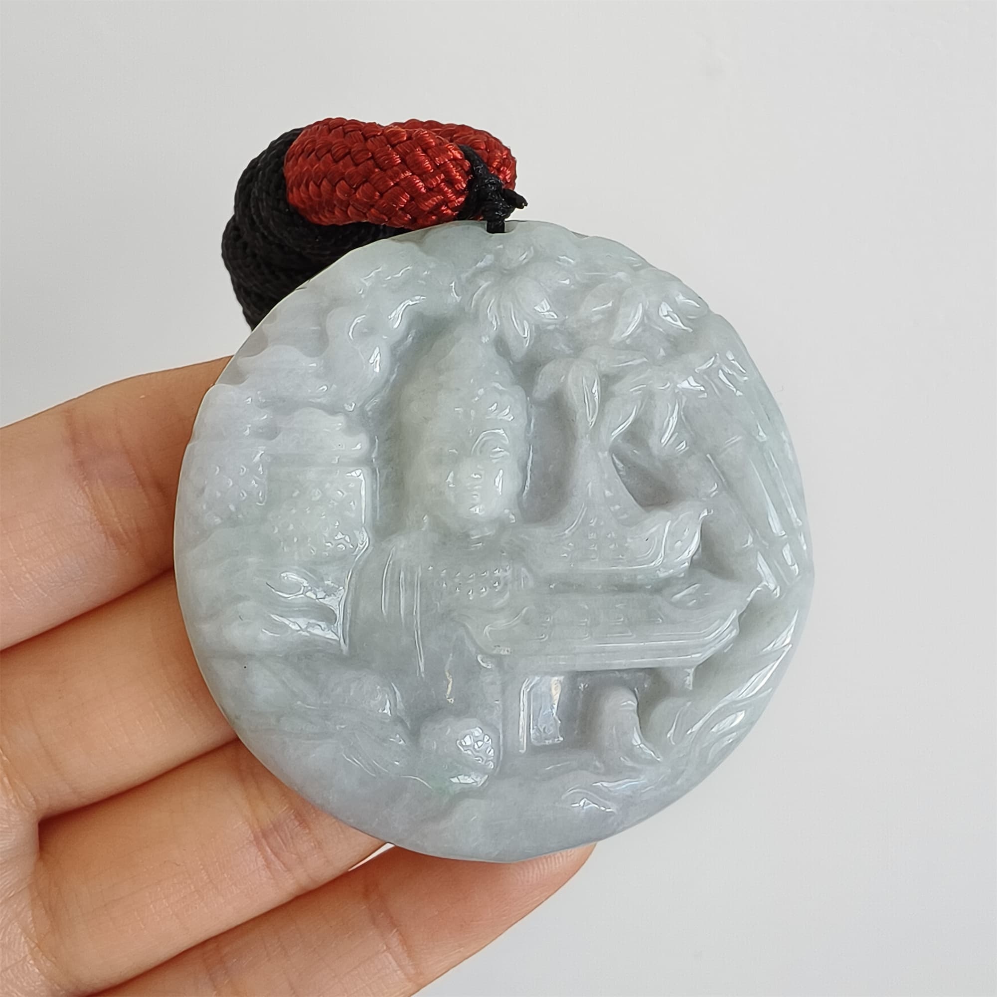 DDP 52.3mm Unique Natural Certificated Type A Untreated Light Green Burmese Jadeite Round Pendant With Landscape And Buddha Carved