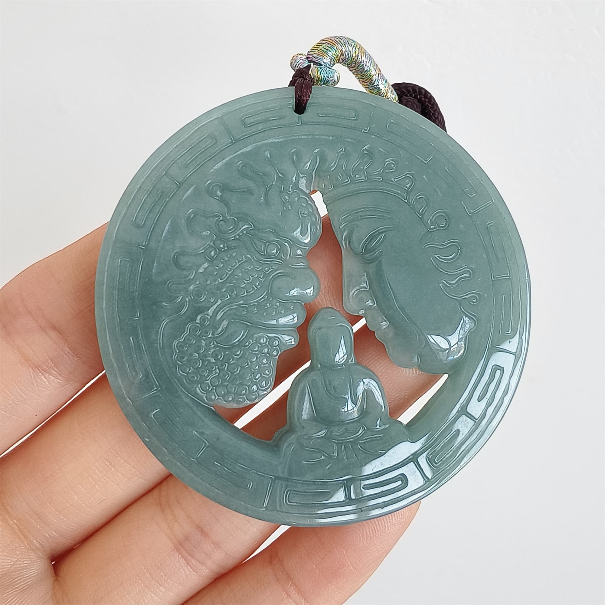 DDP 52.5mm Natural Certificated Type A Icy Blue Watery Guatemalan Jadeite Round Pendant With Buddha And Demon Carved