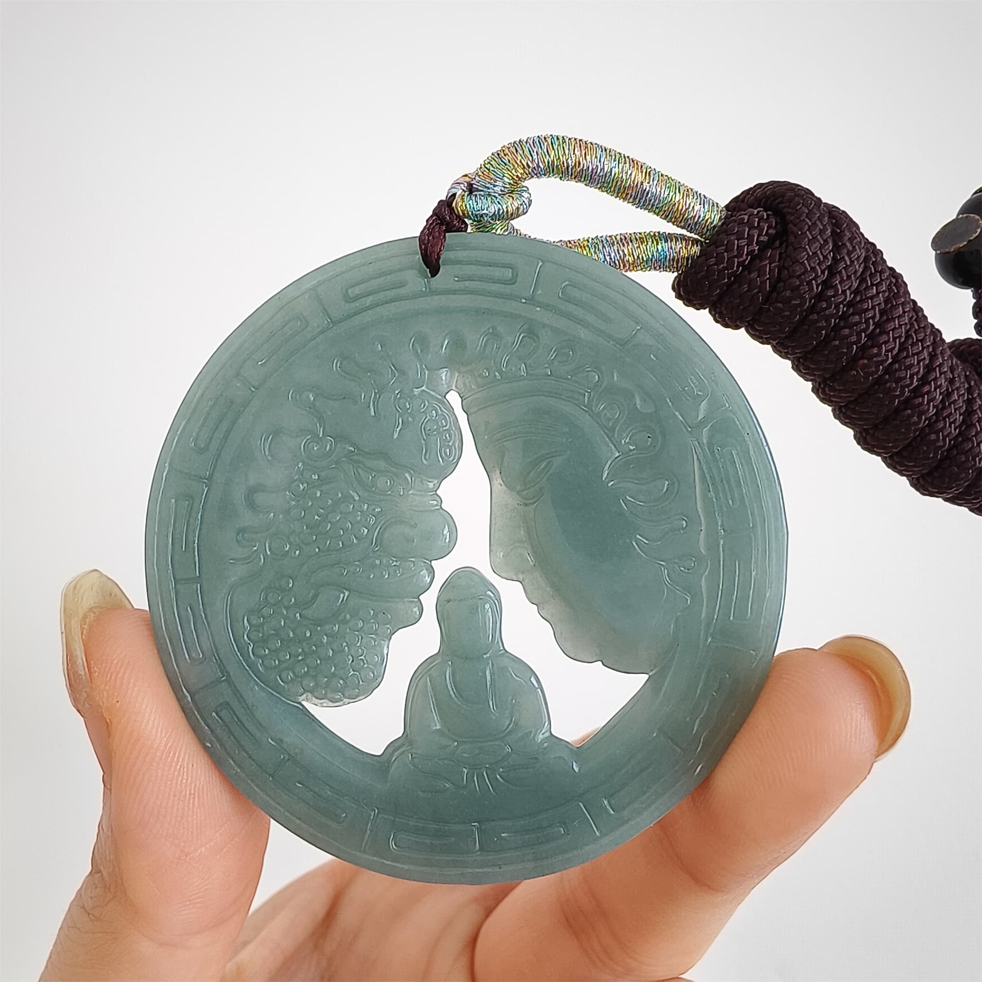 DDP 52.5mm Natural Certificated Type A Icy Blue Watery Guatemalan Jadeite Round Pendant With Buddha And Demon Carved