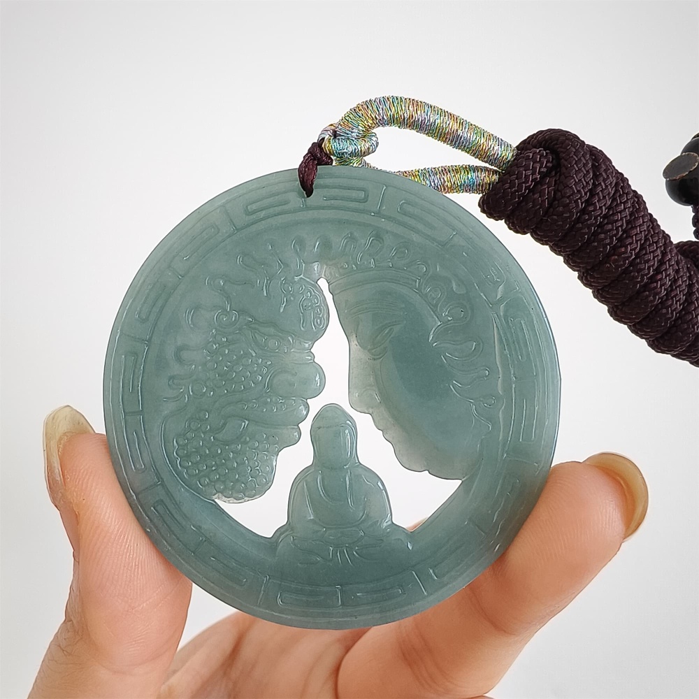 DDP 52.5mm Natural Certificated Type A Icy Blue Watery Guatemalan Jadeite Round Pendant With Buddha And Demon Carved
