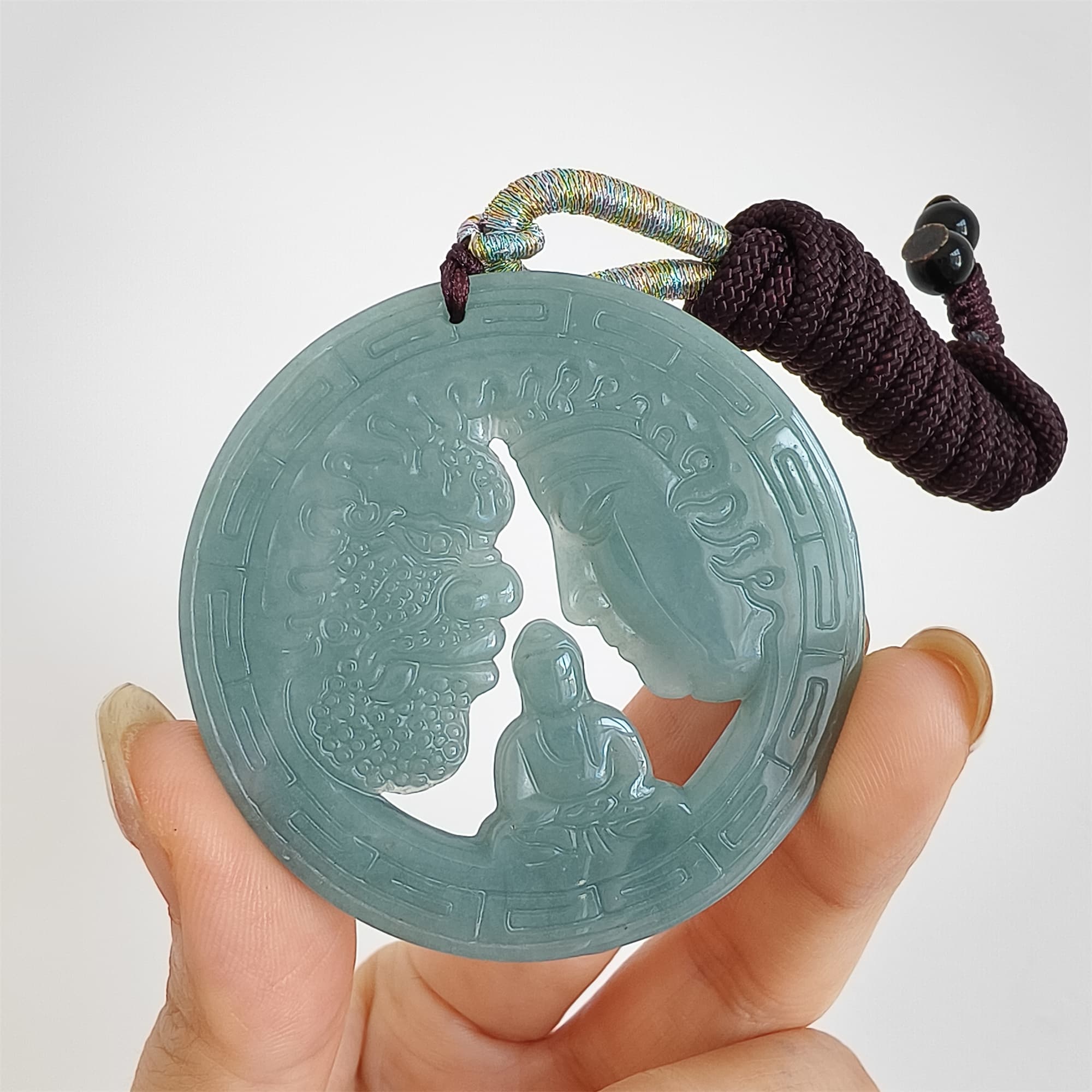 DDP 52.5mm Natural Certificated Type A Icy Blue Watery Guatemalan Jadeite Round Pendant With Buddha And Demon Carved