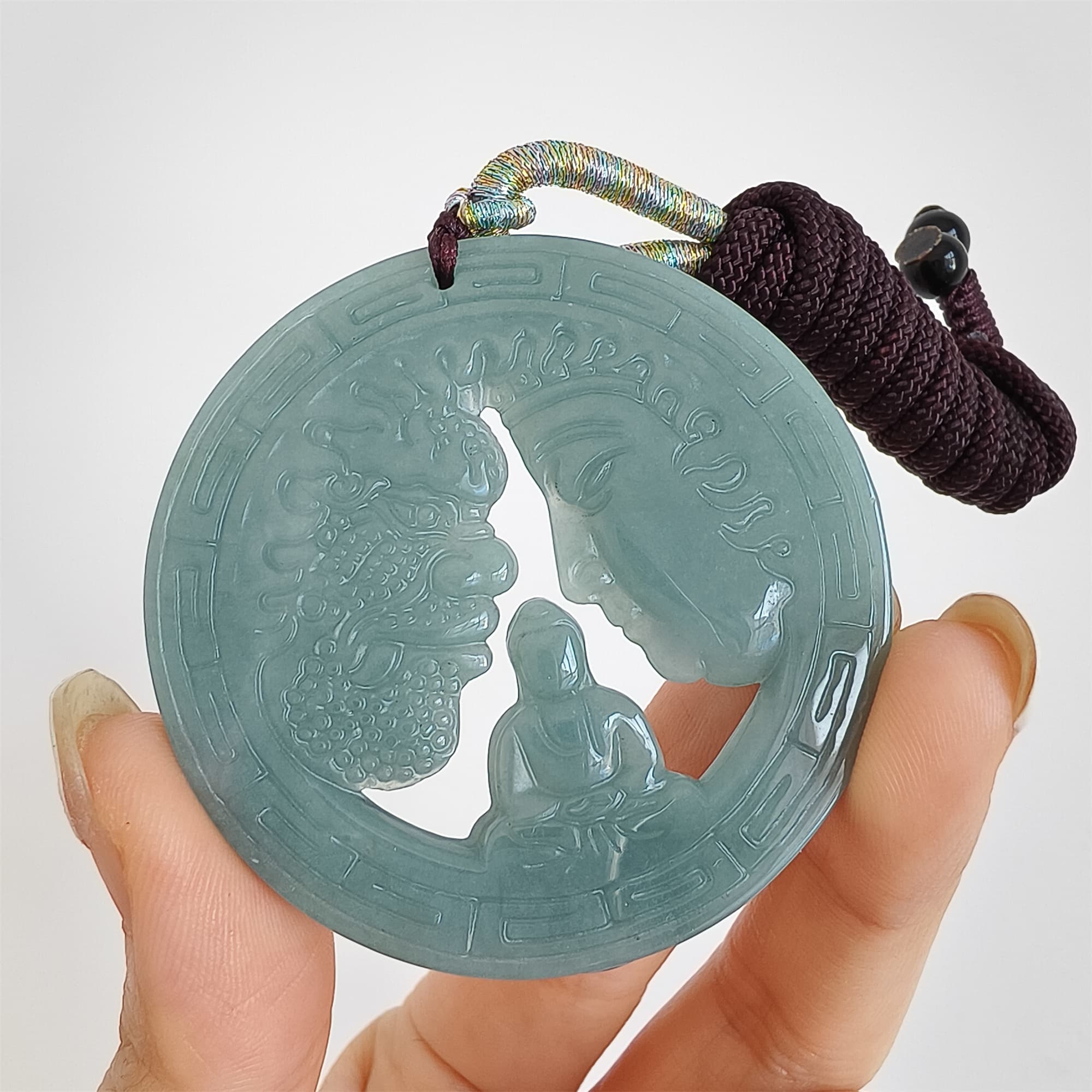 DDP 52.5mm Natural Certificated Type A Icy Blue Watery Guatemalan Jadeite Round Pendant With Buddha And Demon Carved