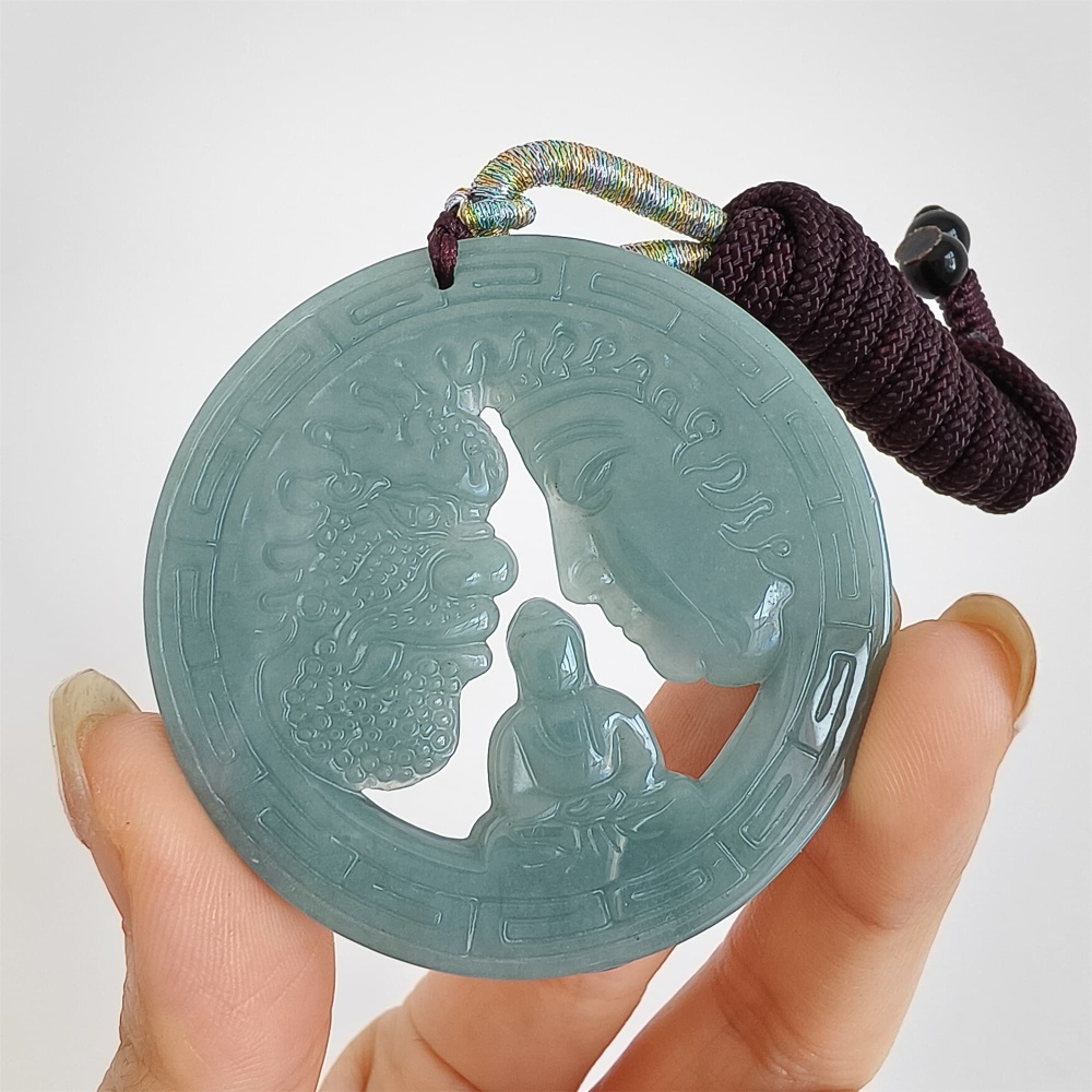 DDP 52.5mm Natural Certificated Type A Icy Blue Watery Guatemalan Jadeite Round Pendant With Buddha And Demon Carved