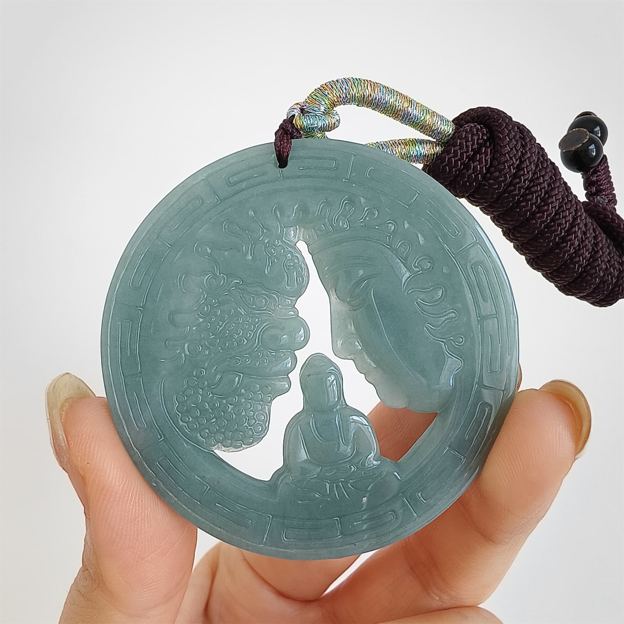 DDP 52.5mm Natural Certificated Type A Icy Blue Watery Guatemalan Jadeite Round Pendant With Buddha And Demon Carved
