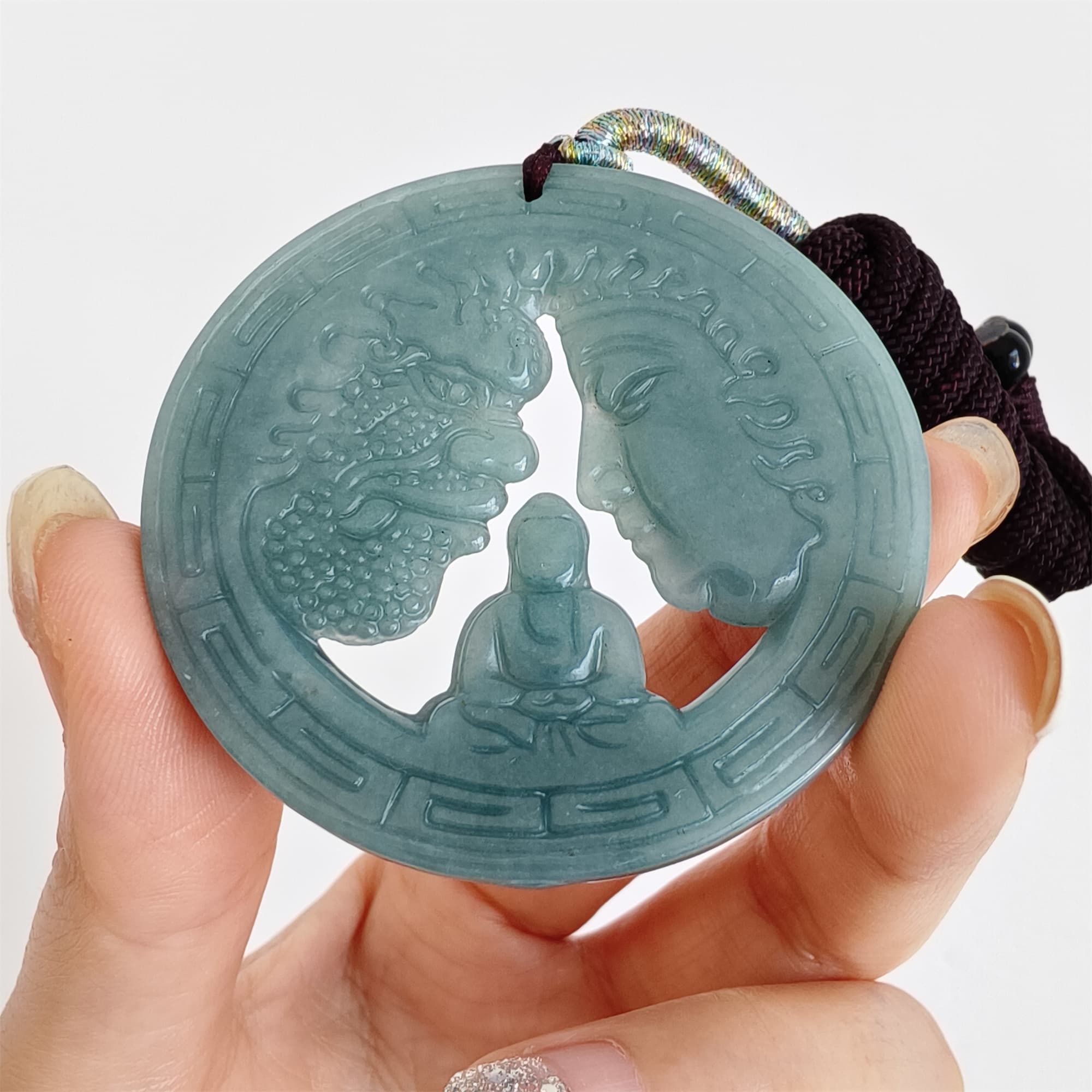 DDP 52.5mm Natural Certificated Type A Icy Blue Watery Guatemalan Jadeite Round Pendant With Buddha And Demon Carved